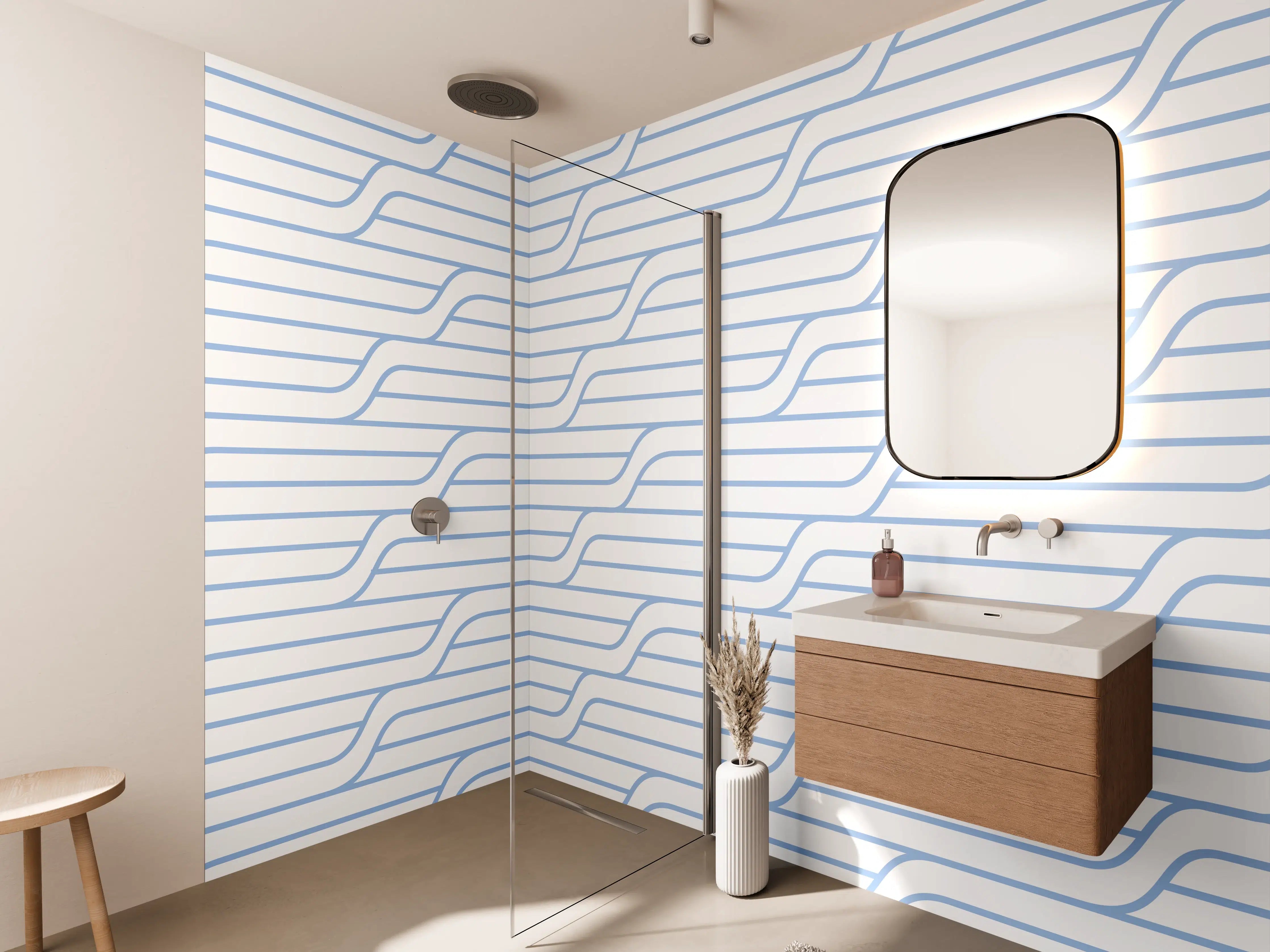 Wandverkleidung Bad - Graue Muster auf weißem Beton