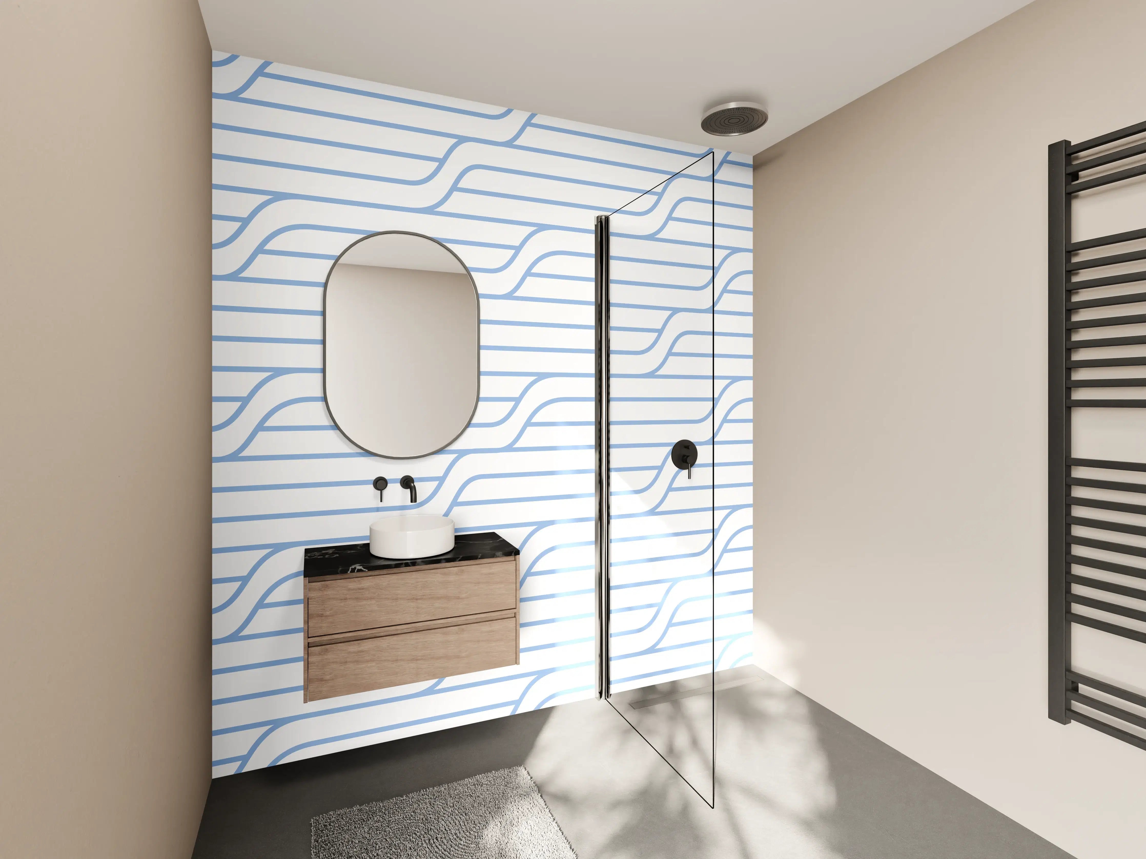 Wandverkleidung Bad - Graue Muster auf weißem Beton