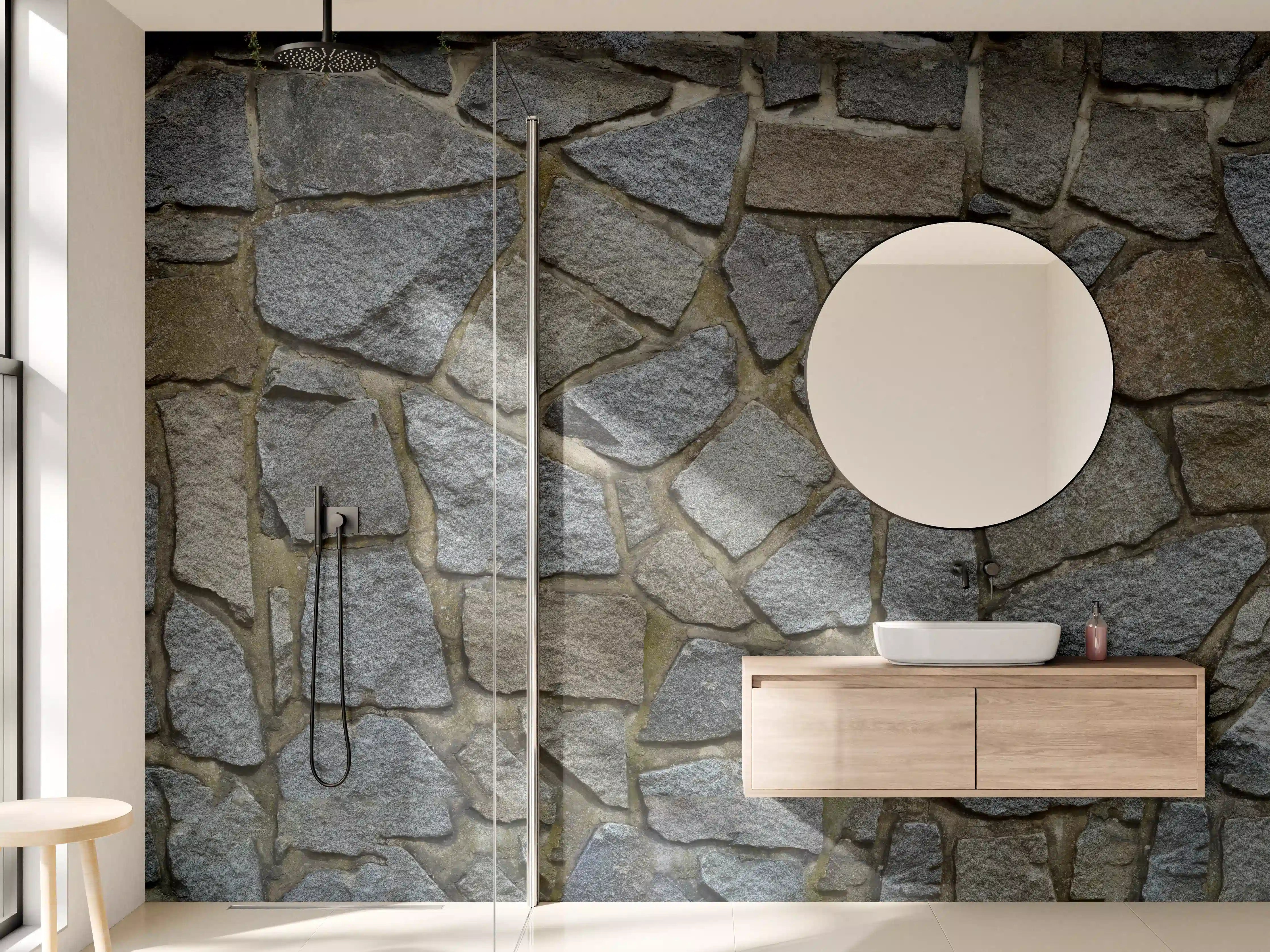 Wandverkleidung Bad - Graue Natursteinmauer im Weiß