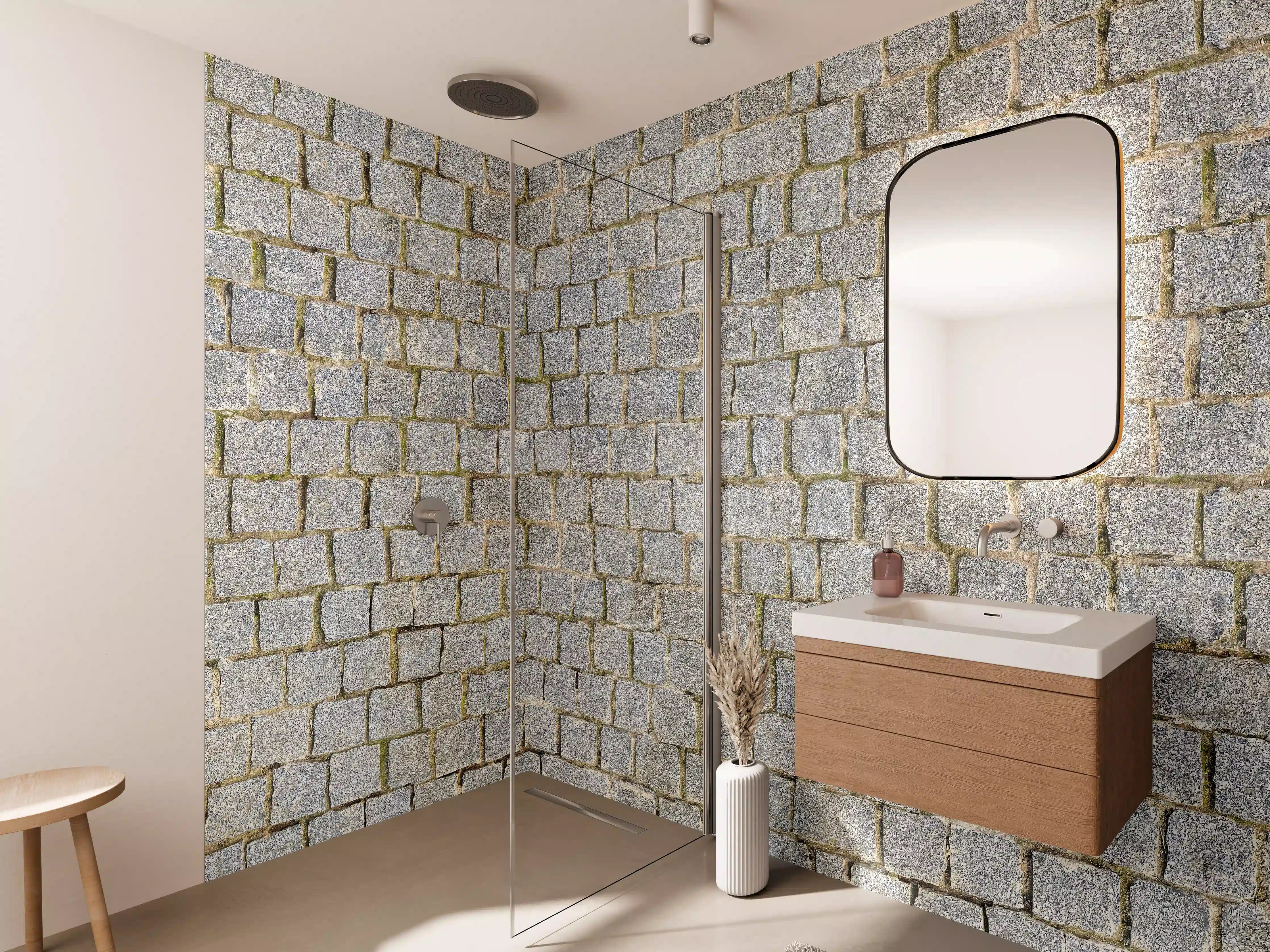 Wandverkleidung Bad - Graue Pflastersteine mit Naturtextur