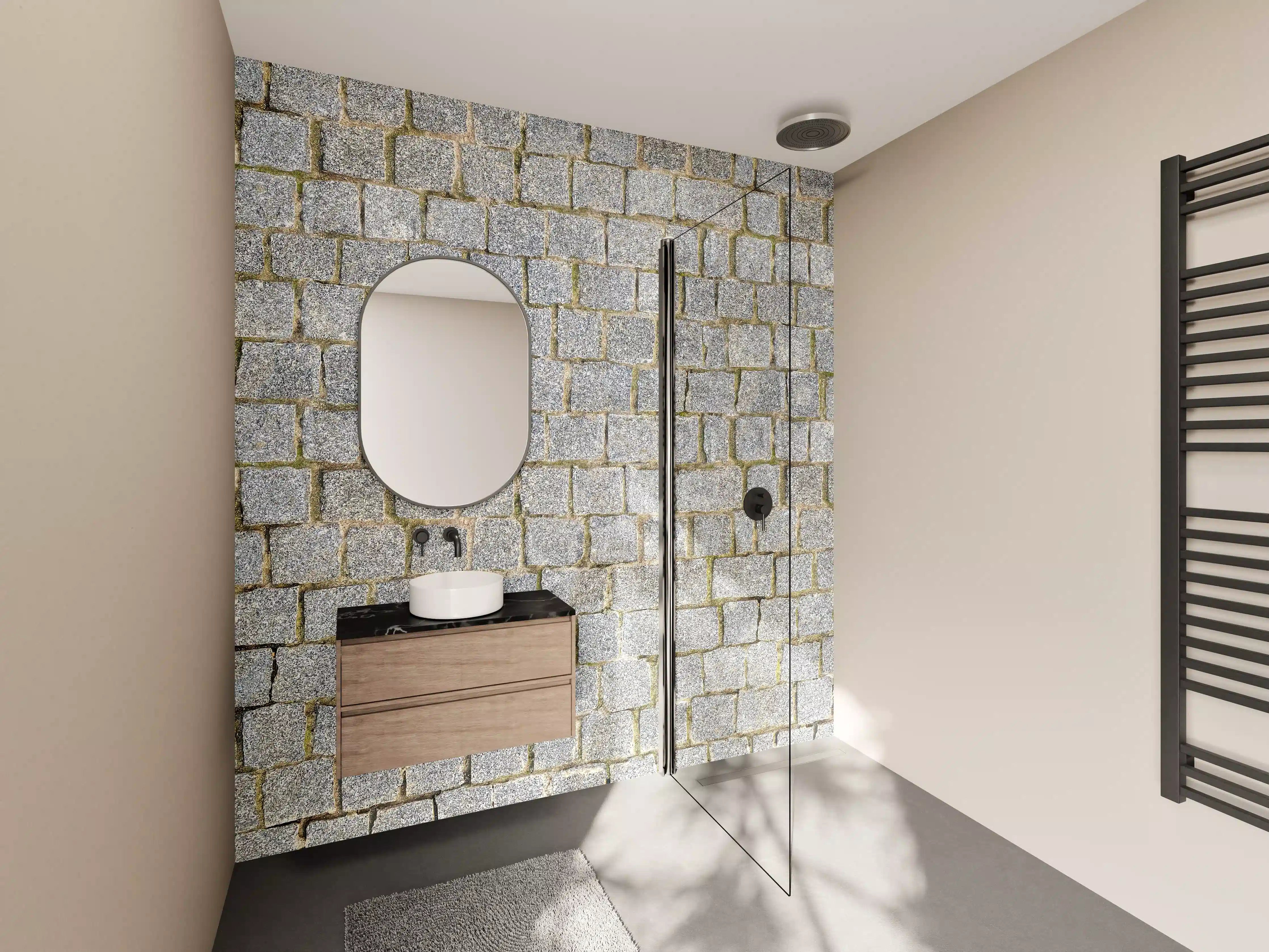 Wandverkleidung Bad - Graue Pflastersteine mit Naturtextur