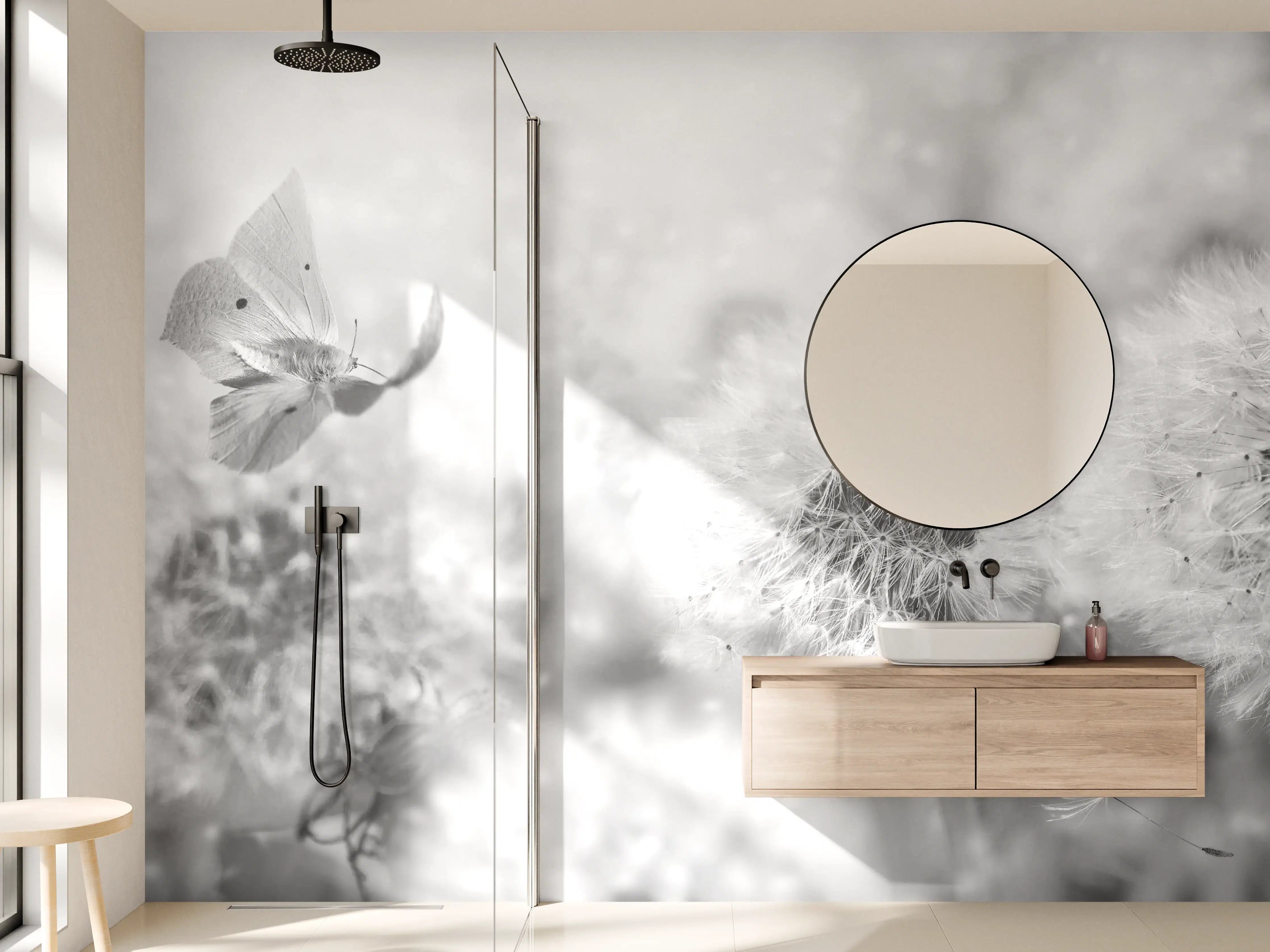 Wandverkleidung Bad - Graue Pusteblumen und Schmetterlinge