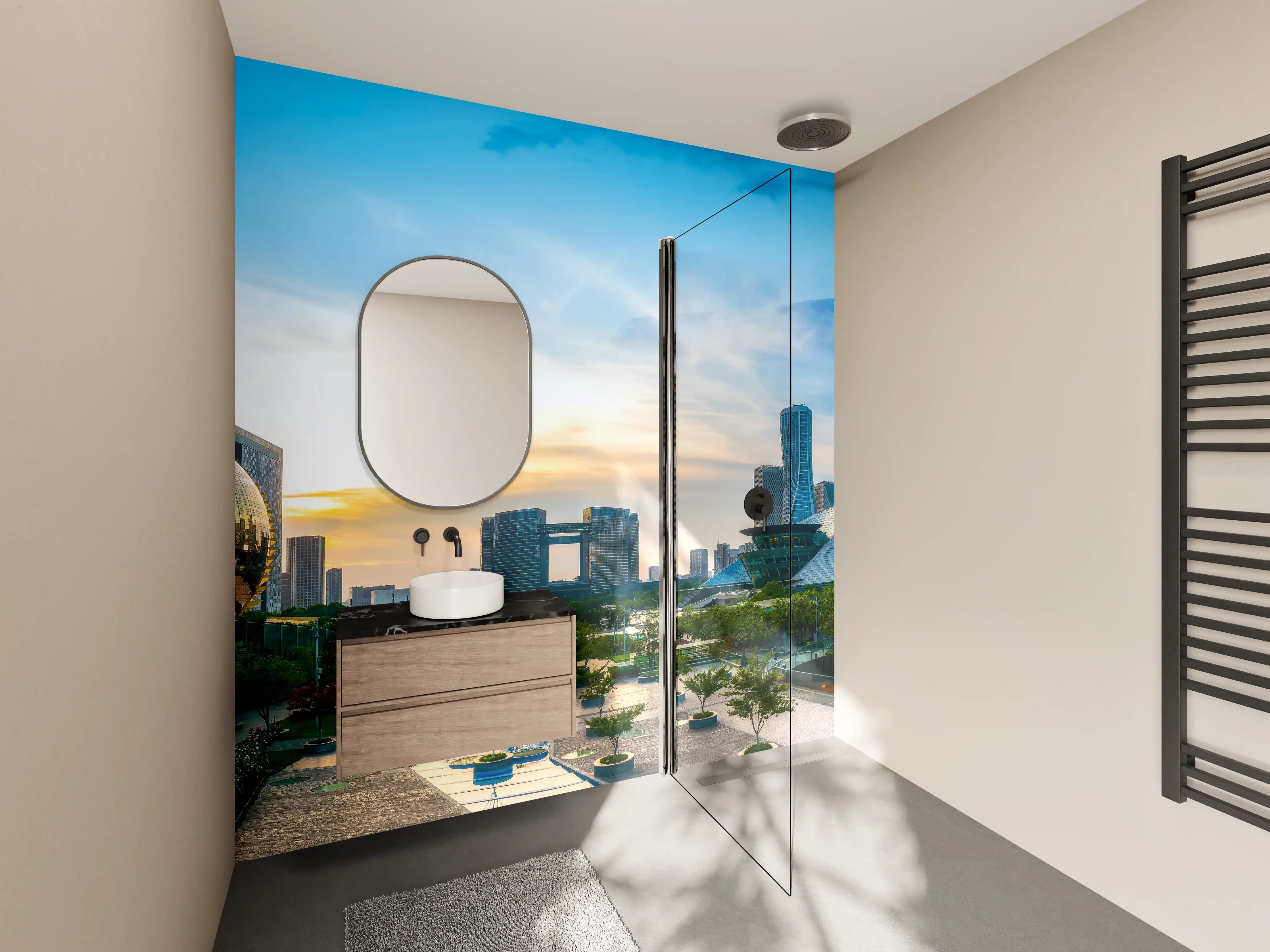 Wandverkleidung Bad - Graue Silhouetten bei Abendlicht