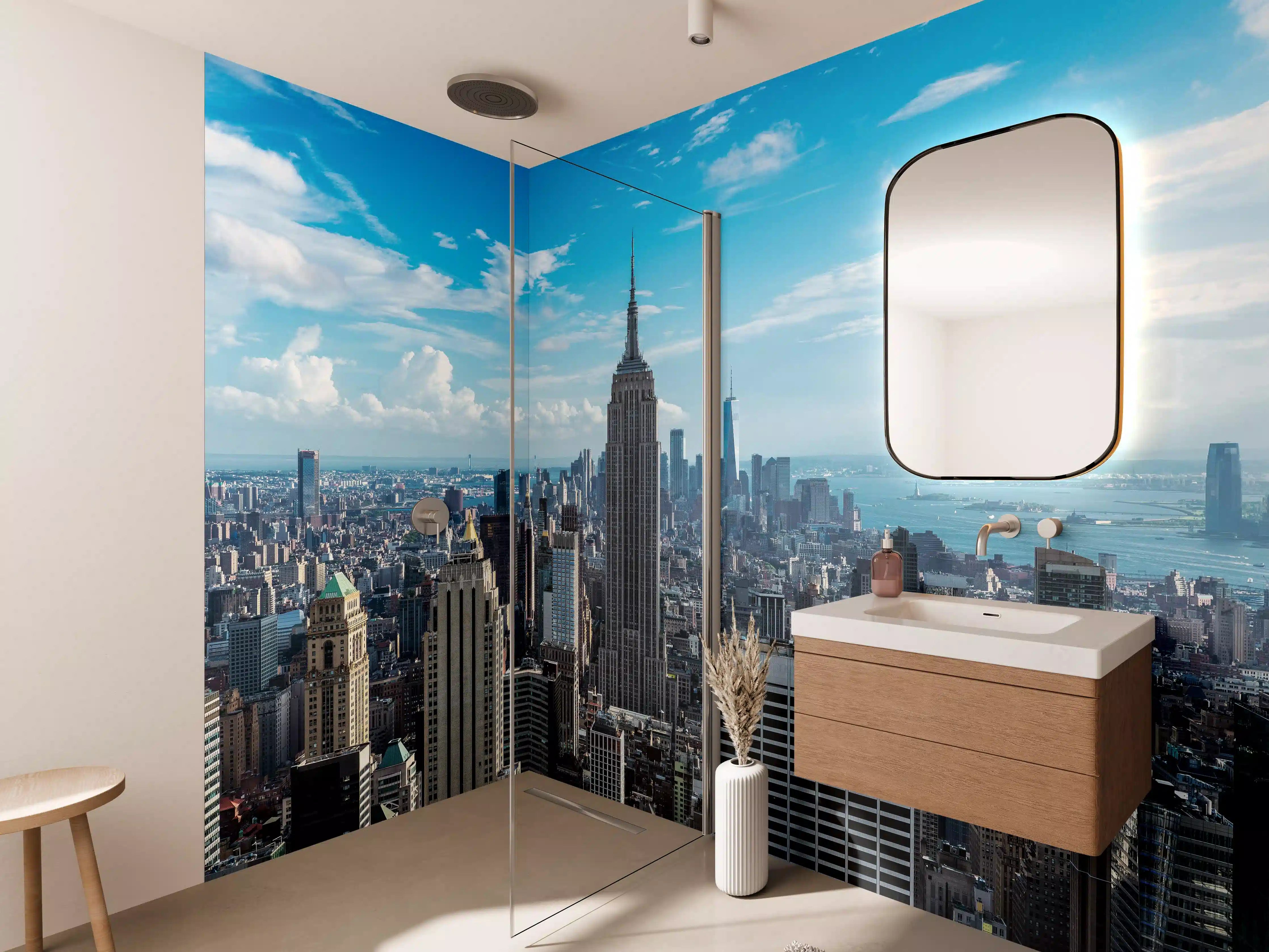 Wandverkleidung Bad - Graue Skyline der Stadt