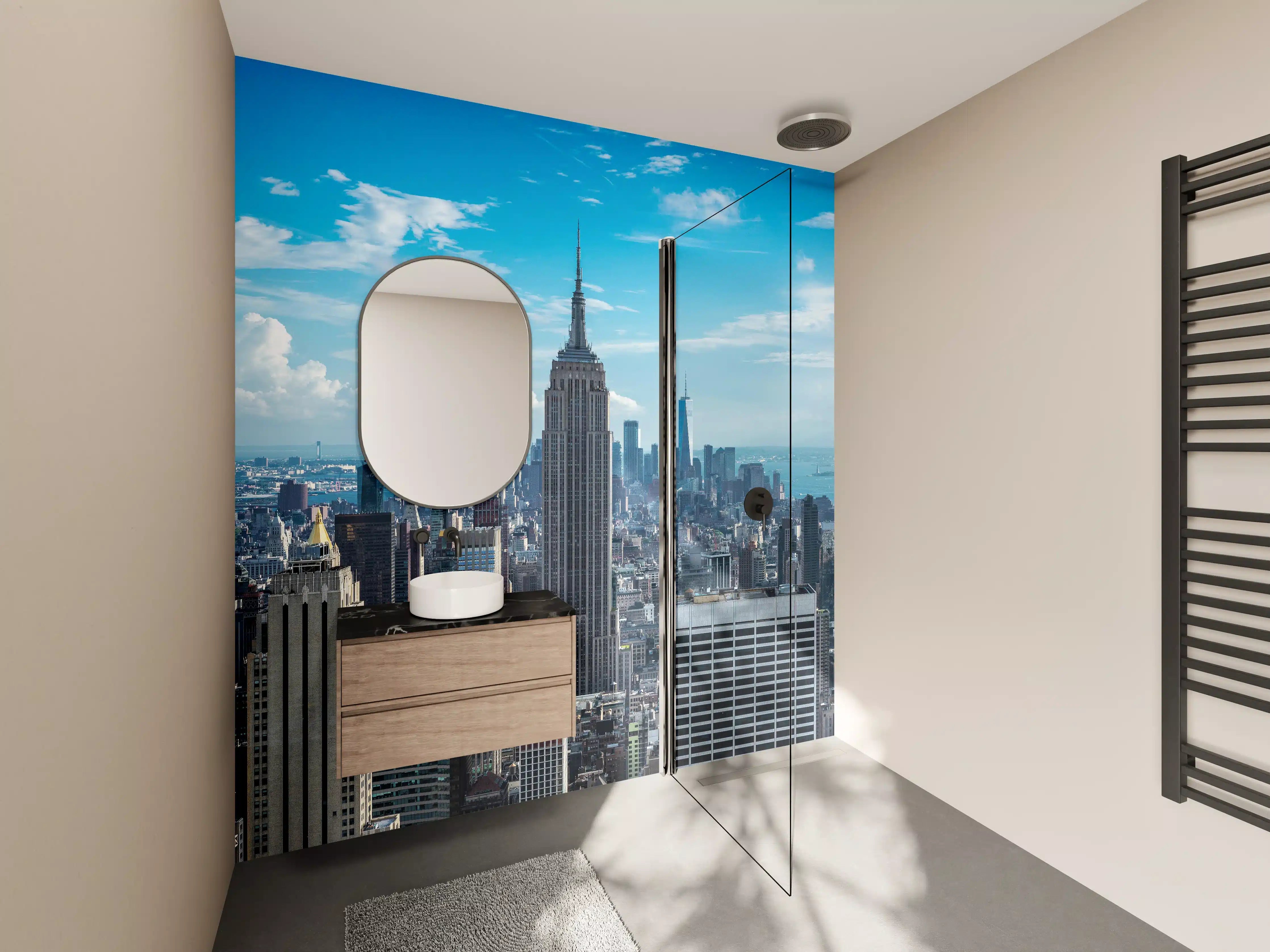 Wandverkleidung Bad - Graue Skyline der Stadt