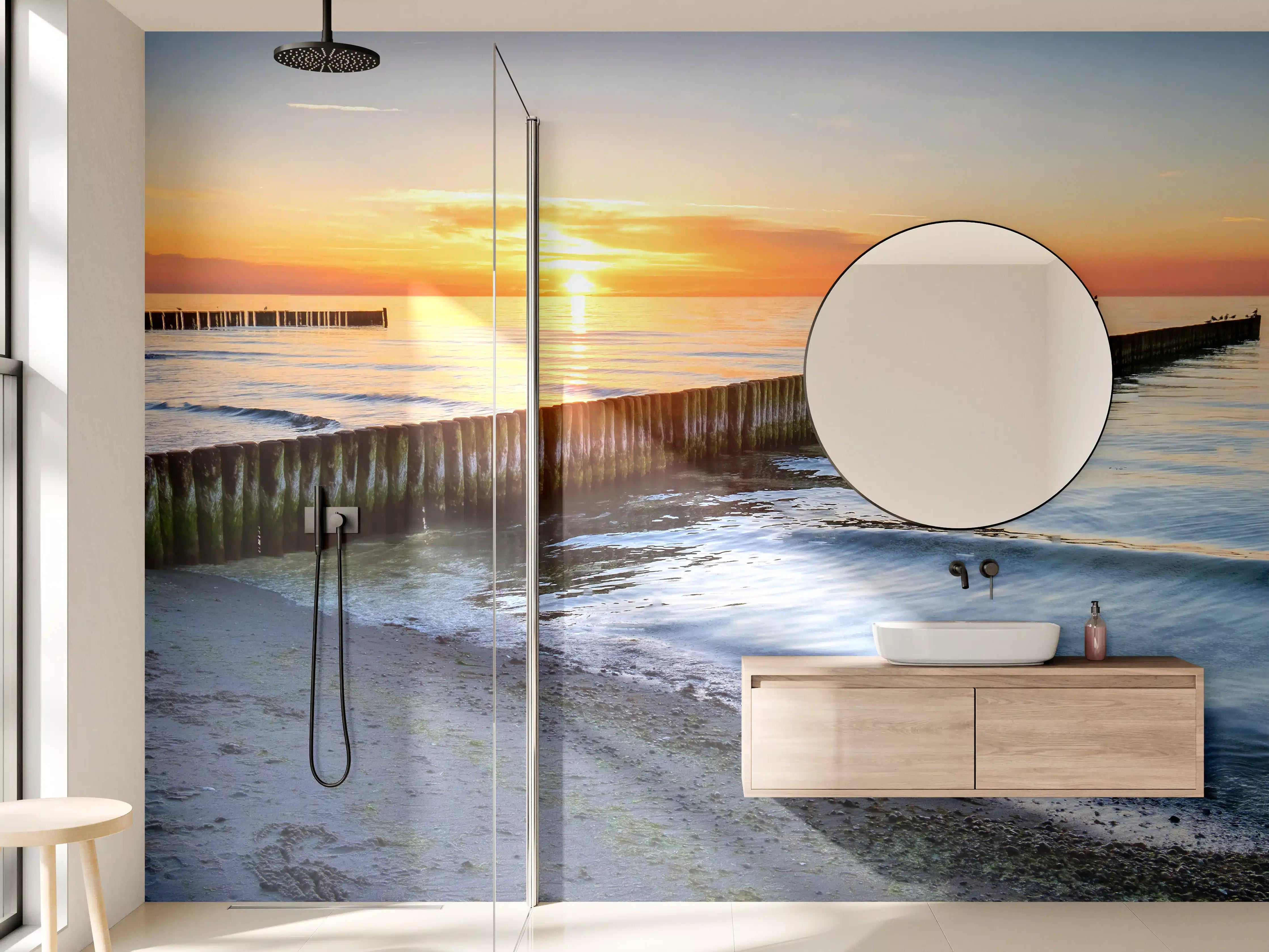 Wandverkleidung Bad - Graue Sonnenbrücke am Meeresabend