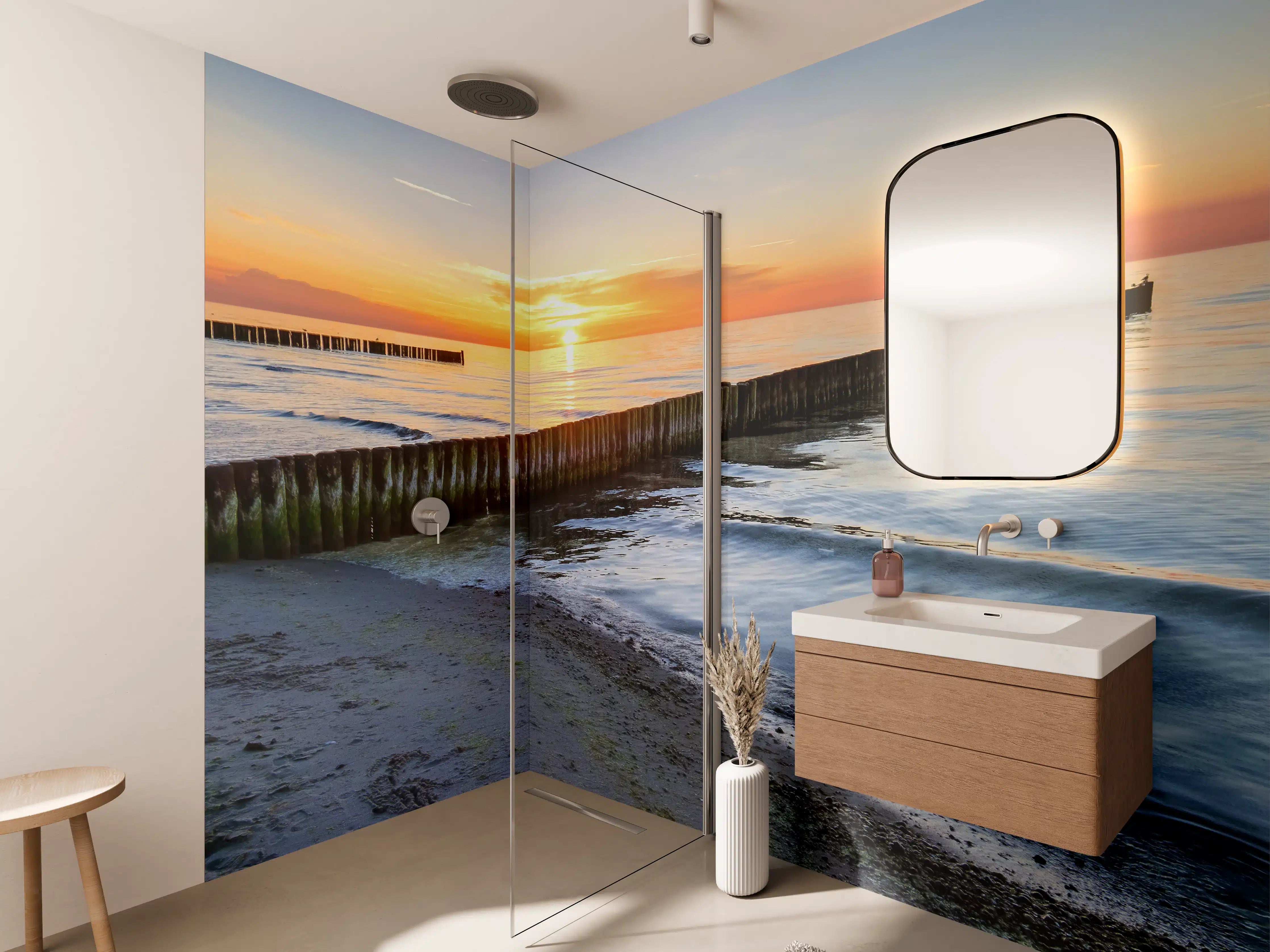 Wandverkleidung Bad - Graue Sonnenbrücke am Meeresabend