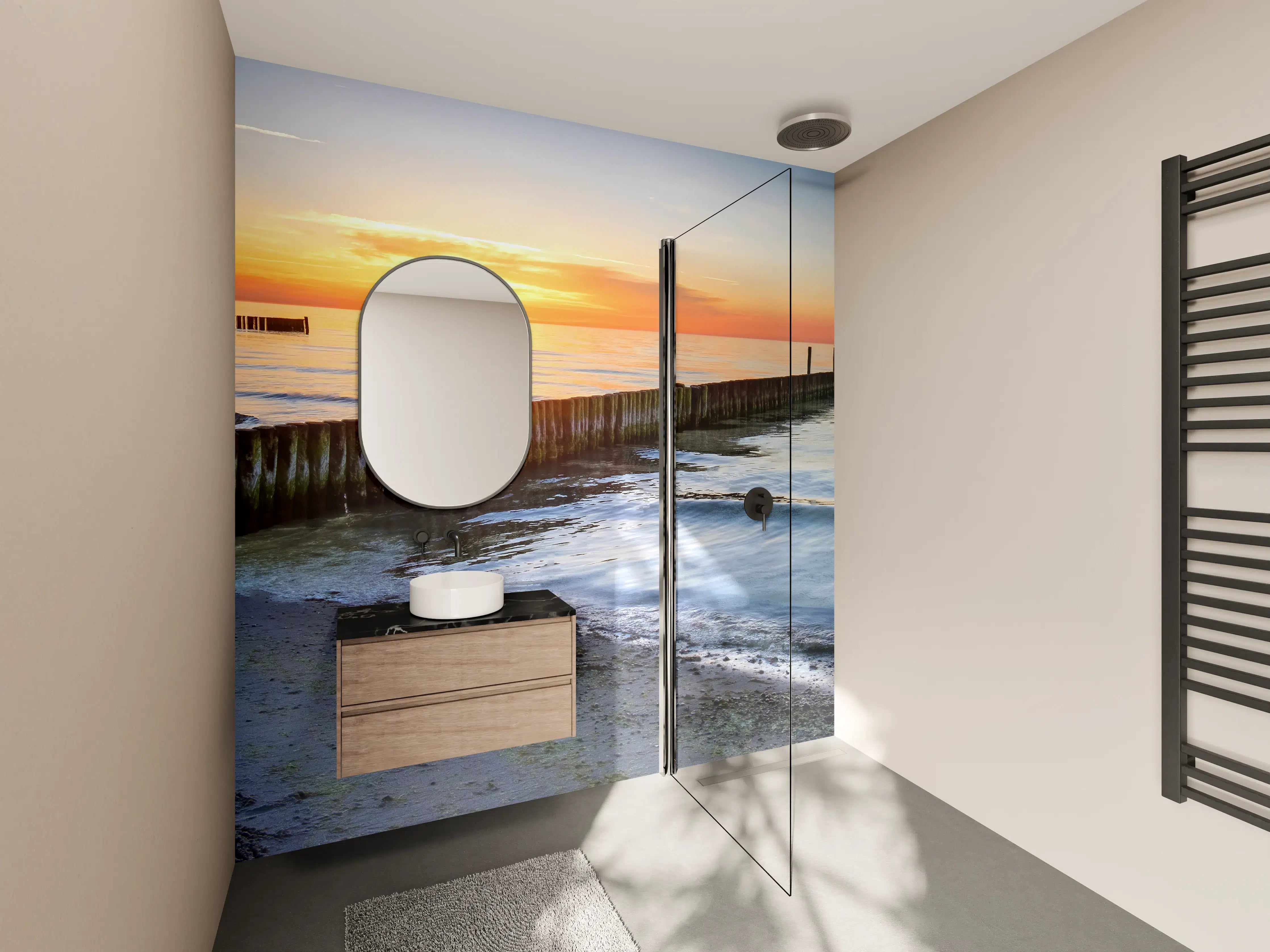 Wandverkleidung Bad - Graue Sonnenbrücke am Meeresabend