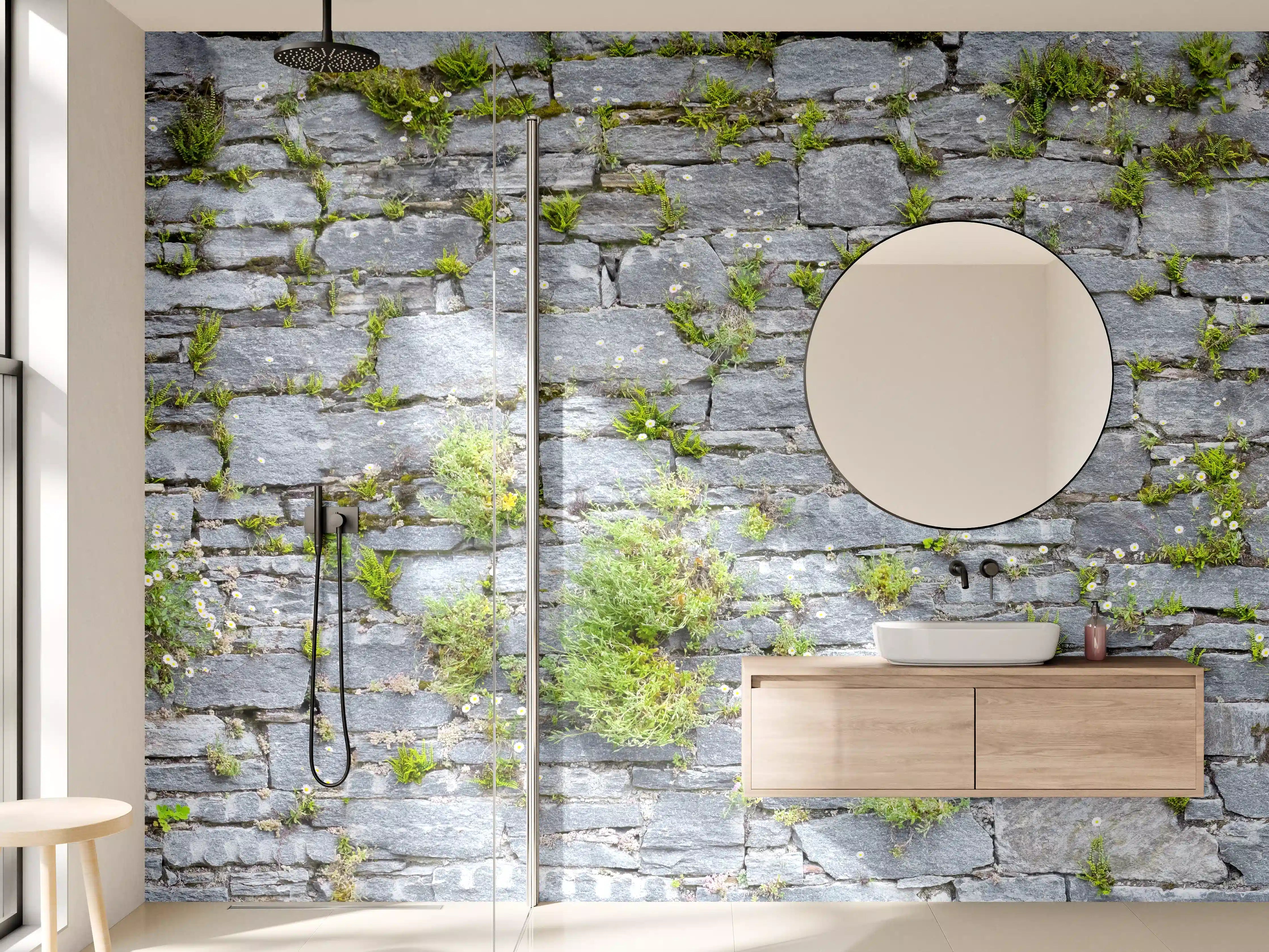 Wandverkleidung Bad - Graue Steinmauer mit Grüntönen