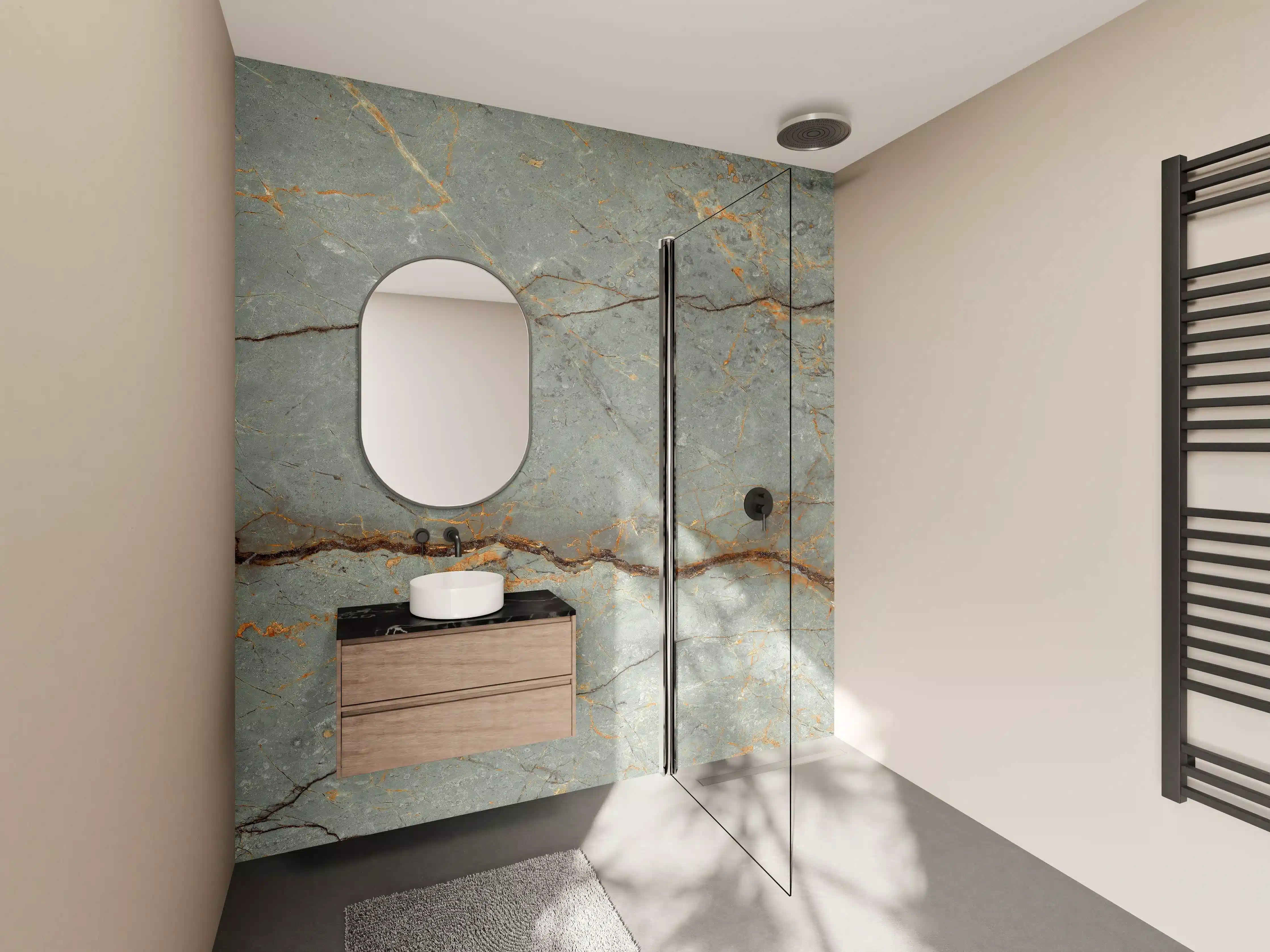 Wandverkleidung Bad - Graue Steinmauer mit braunen Adern