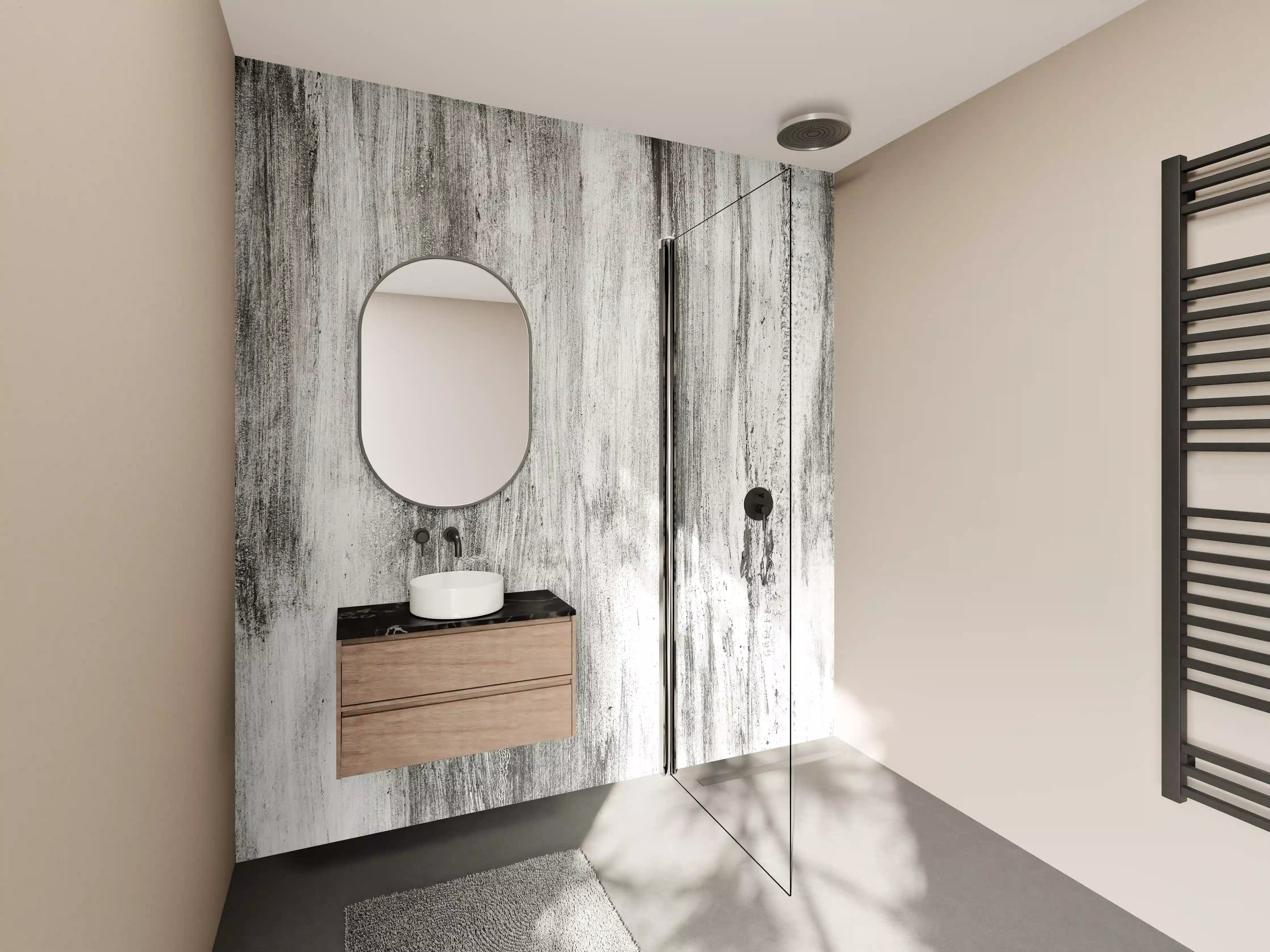 Wandverkleidung Bad - Graue Struktur mit Schwarzweiß-Tönen