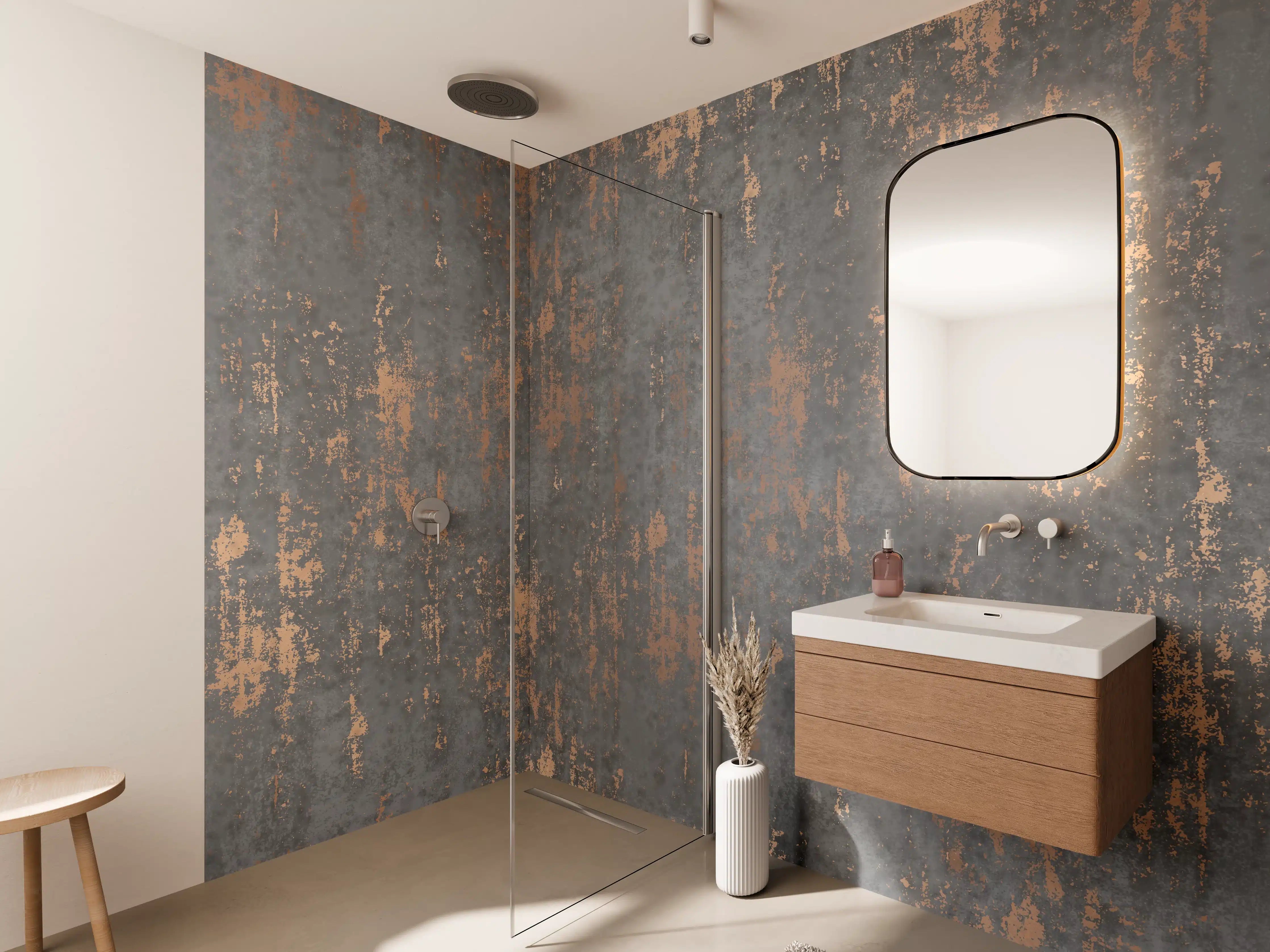 Wandverkleidung Bad - Graue Textur mit goldenen Akzenten