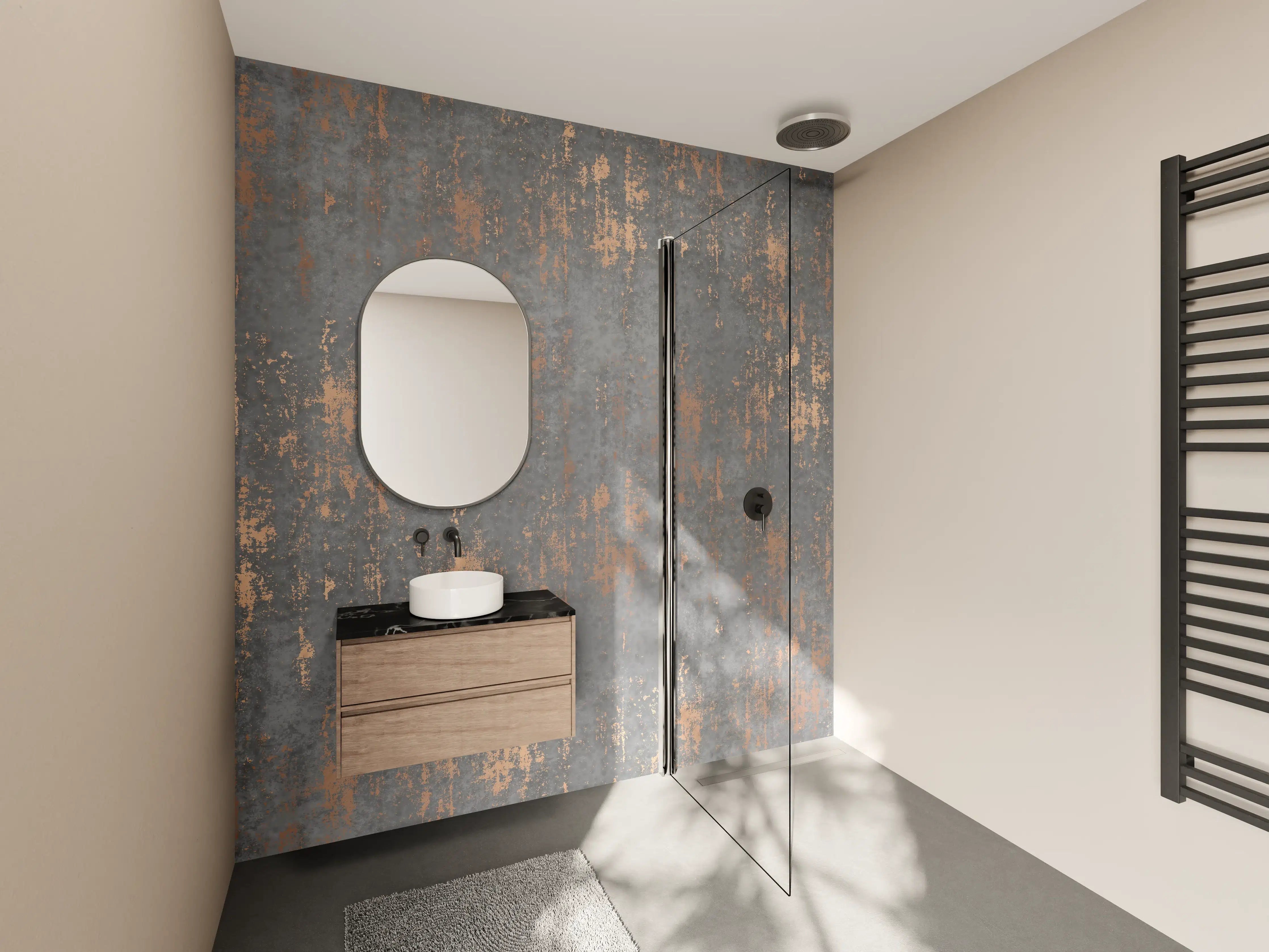 Wandverkleidung Bad - Graue Textur mit goldenen Akzenten