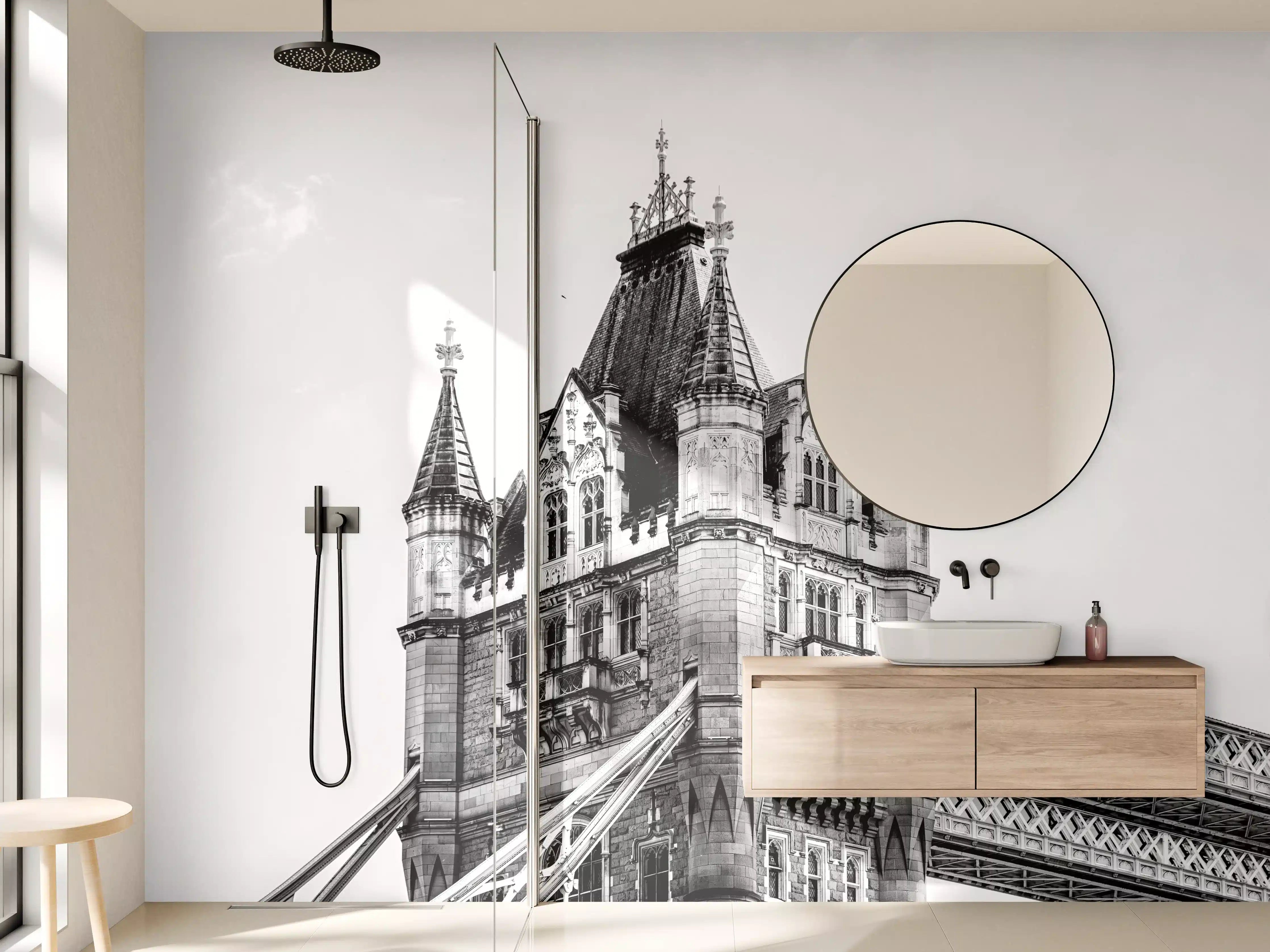 Wandverkleidung Bad - Graue Tiefe: Tower Bridge im Schwarz-Weiß