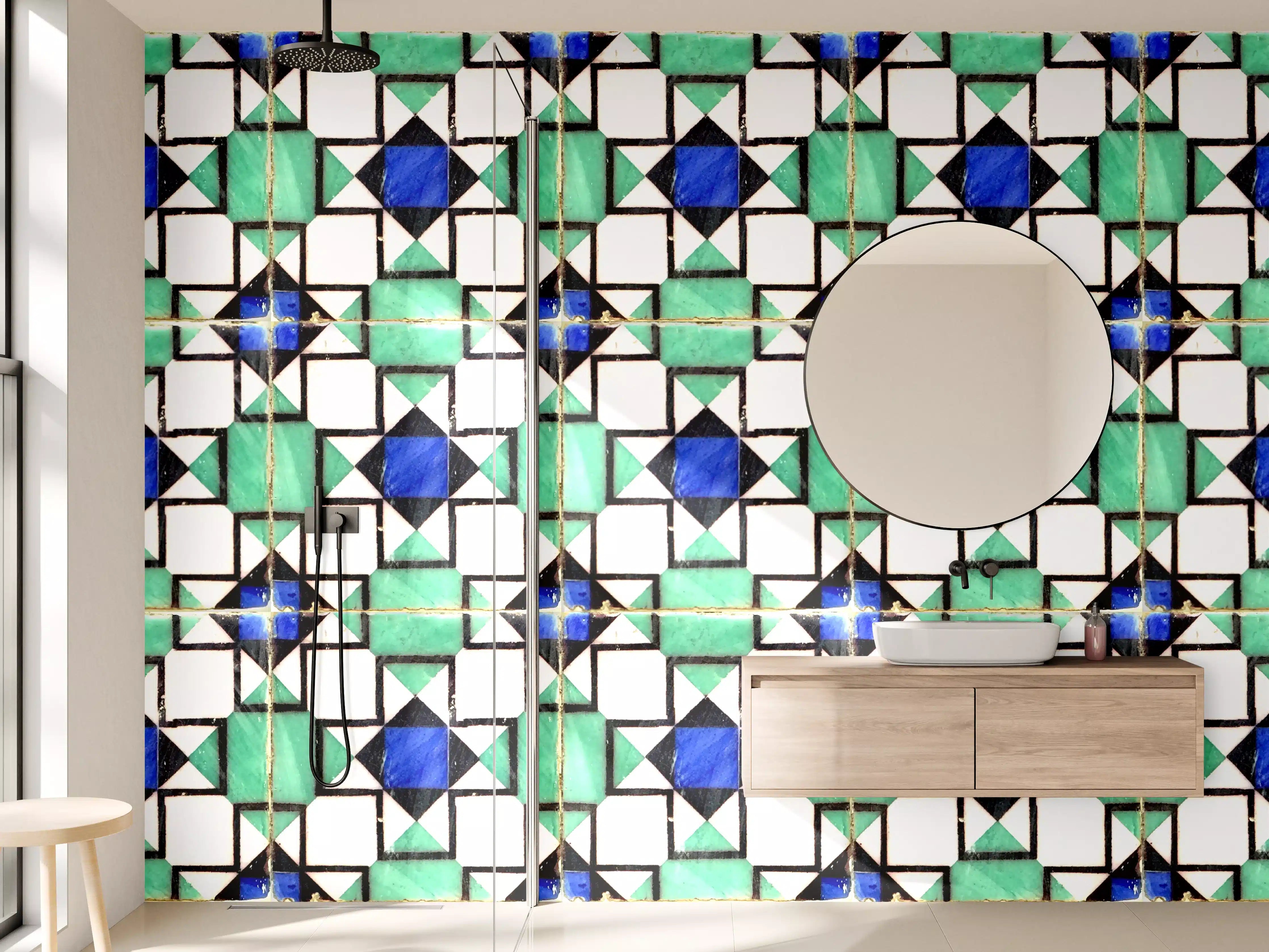 Wandverkleidung Bad - Graue Weißmotive: Geometrische Fliesenkunst