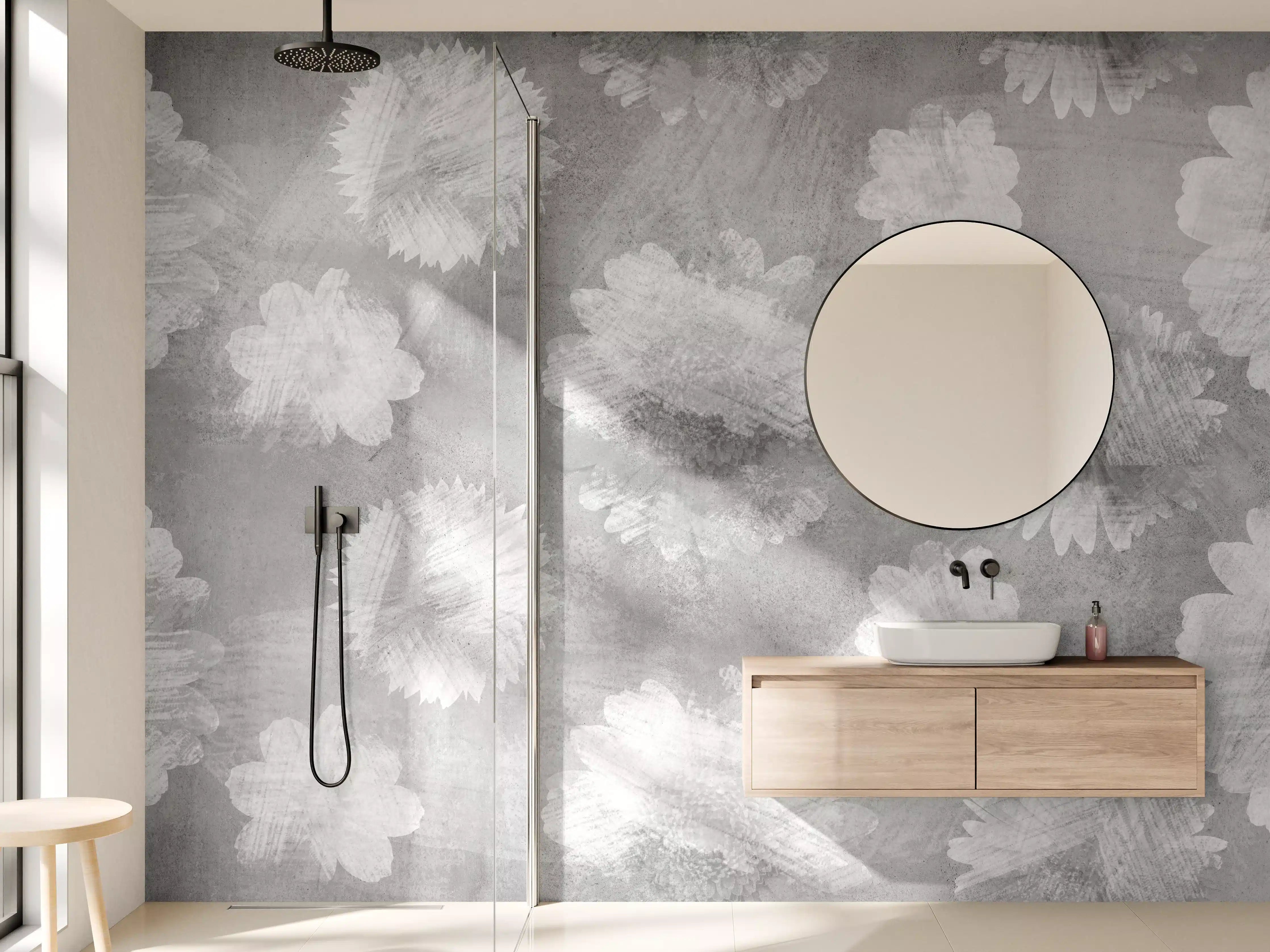 Wandverkleidung Bad - Graue Zement Wand mit weißem Blumenmuster