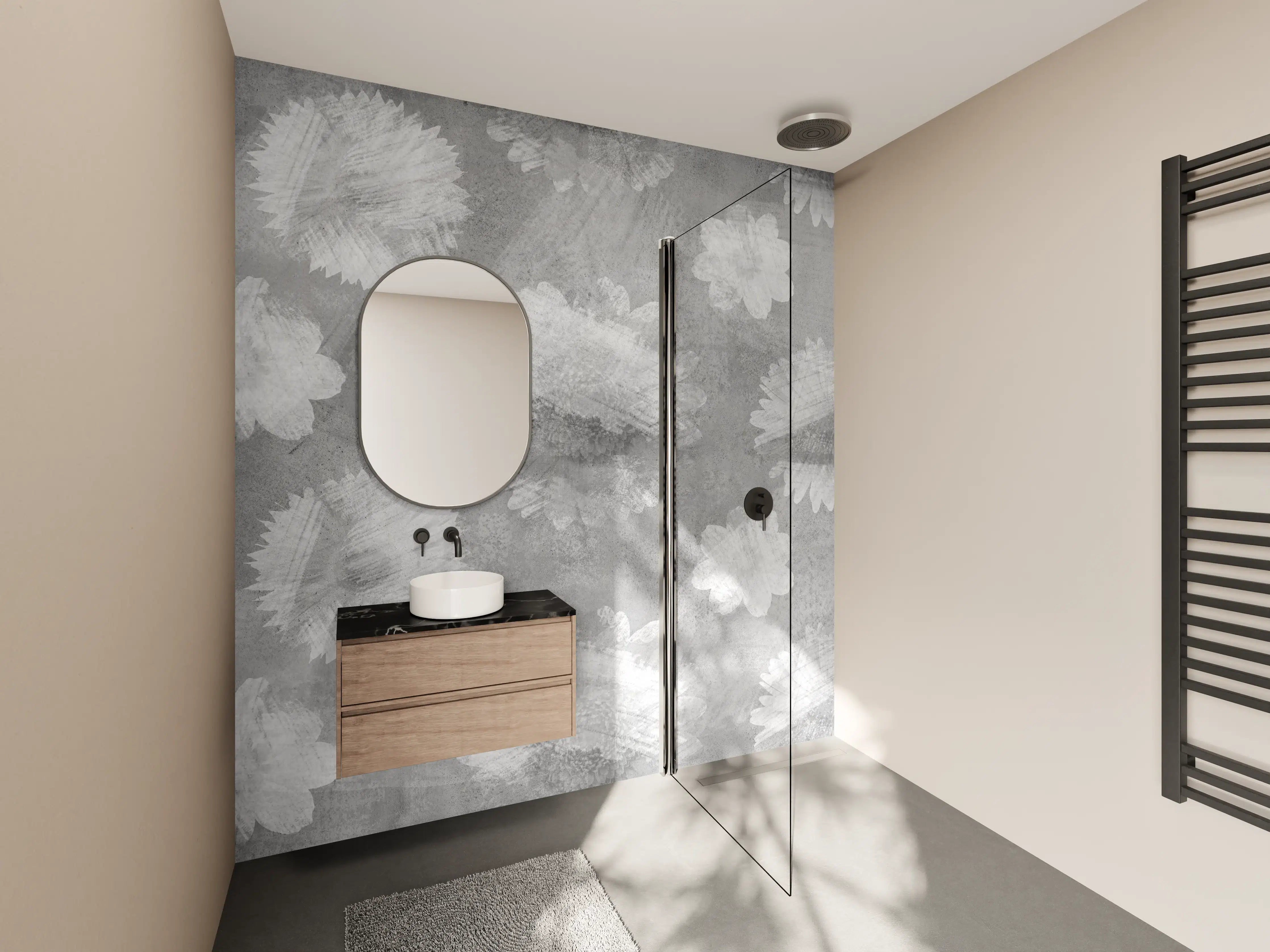 Wandverkleidung Bad - Graue Zement Wand mit weißem Blumenmuster