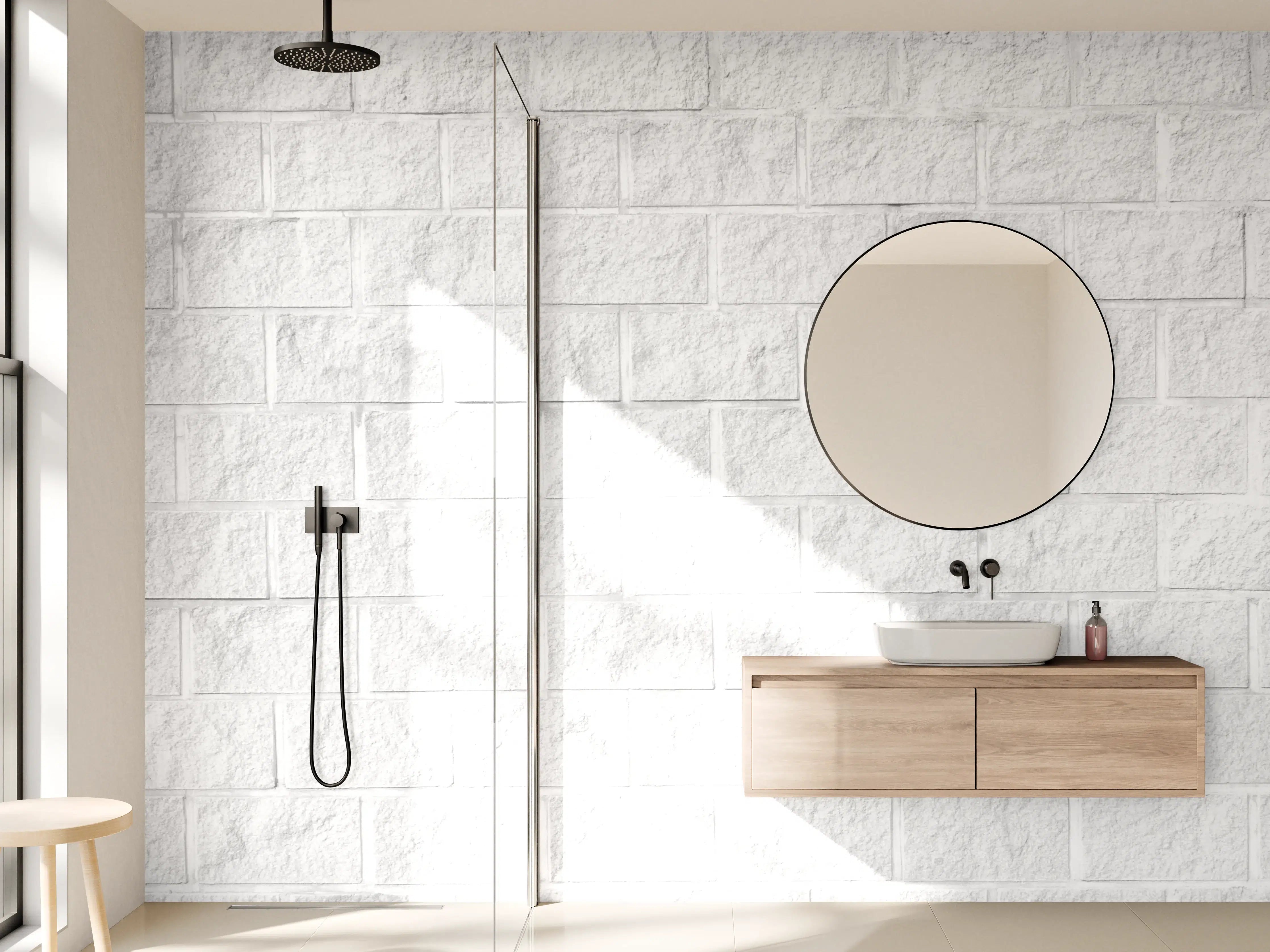 Wandverkleidung Bad - Graue Ziegelstruktur mit Weiß-Tönen