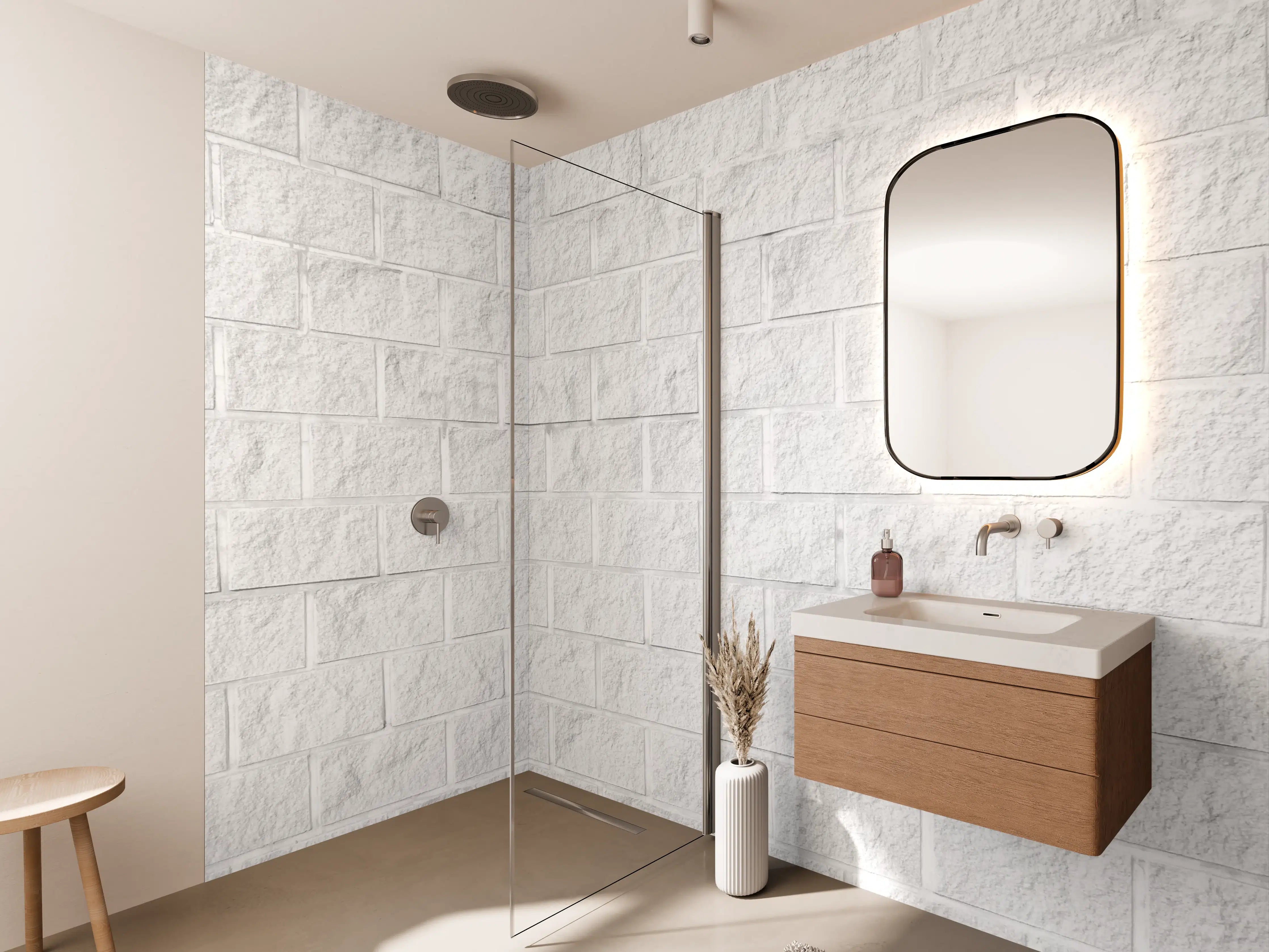 Wandverkleidung Bad - Graue Ziegelstruktur mit Weiß-Tönen