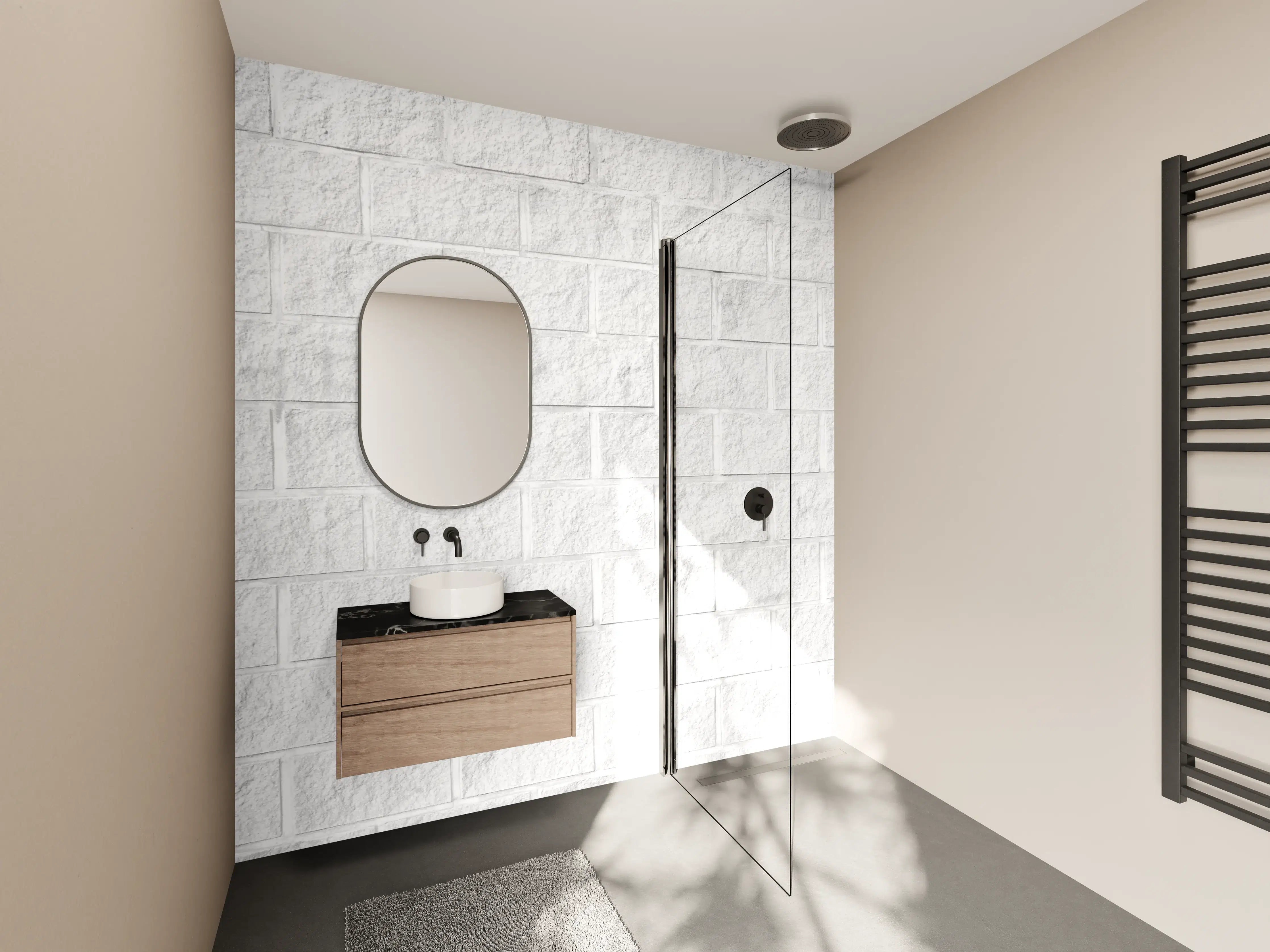 Wandverkleidung Bad - Graue Ziegelstruktur mit Weiß-Tönen