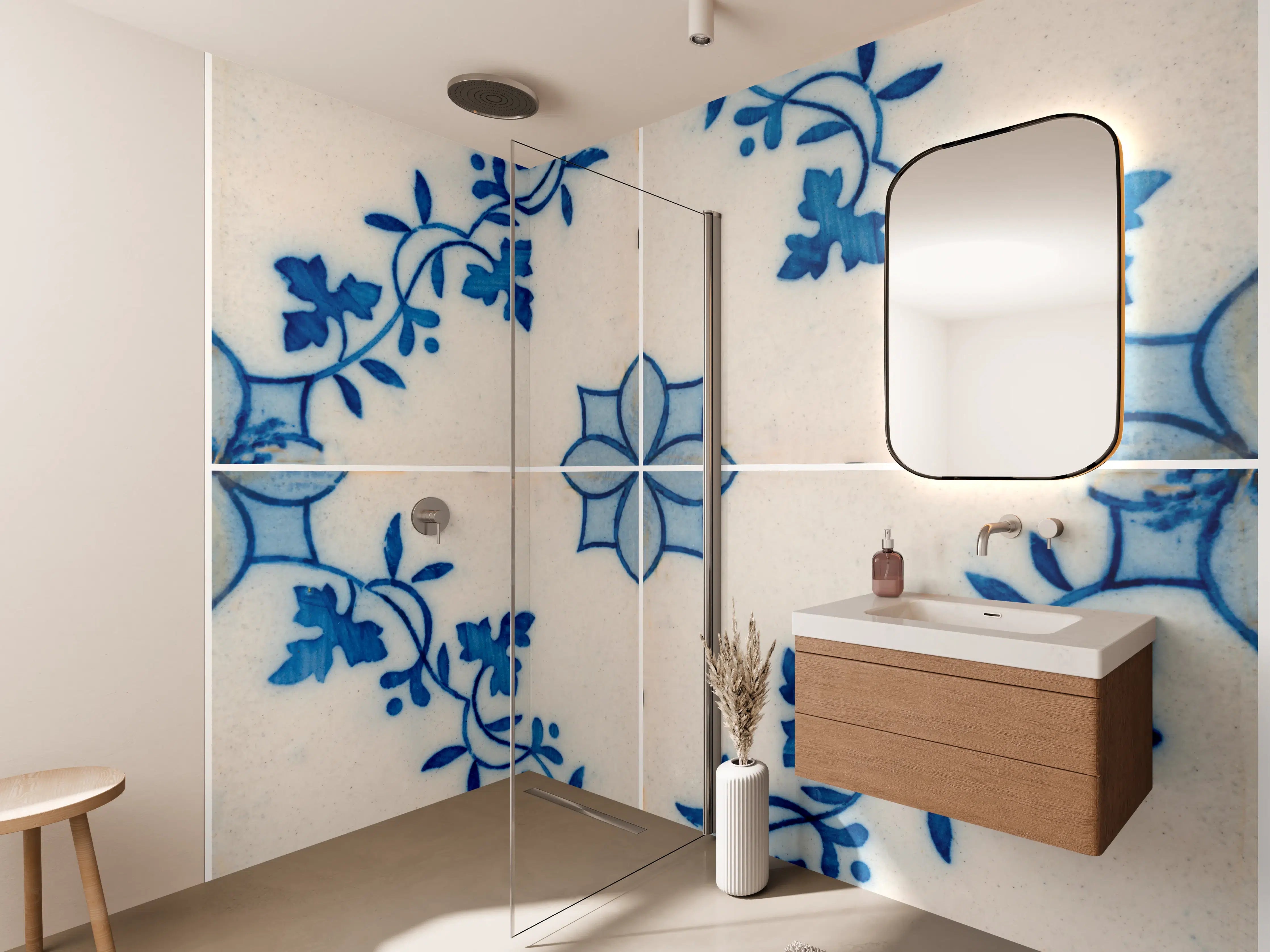 Wandverkleidung Bad - Graue floral dekorierte Fliesen