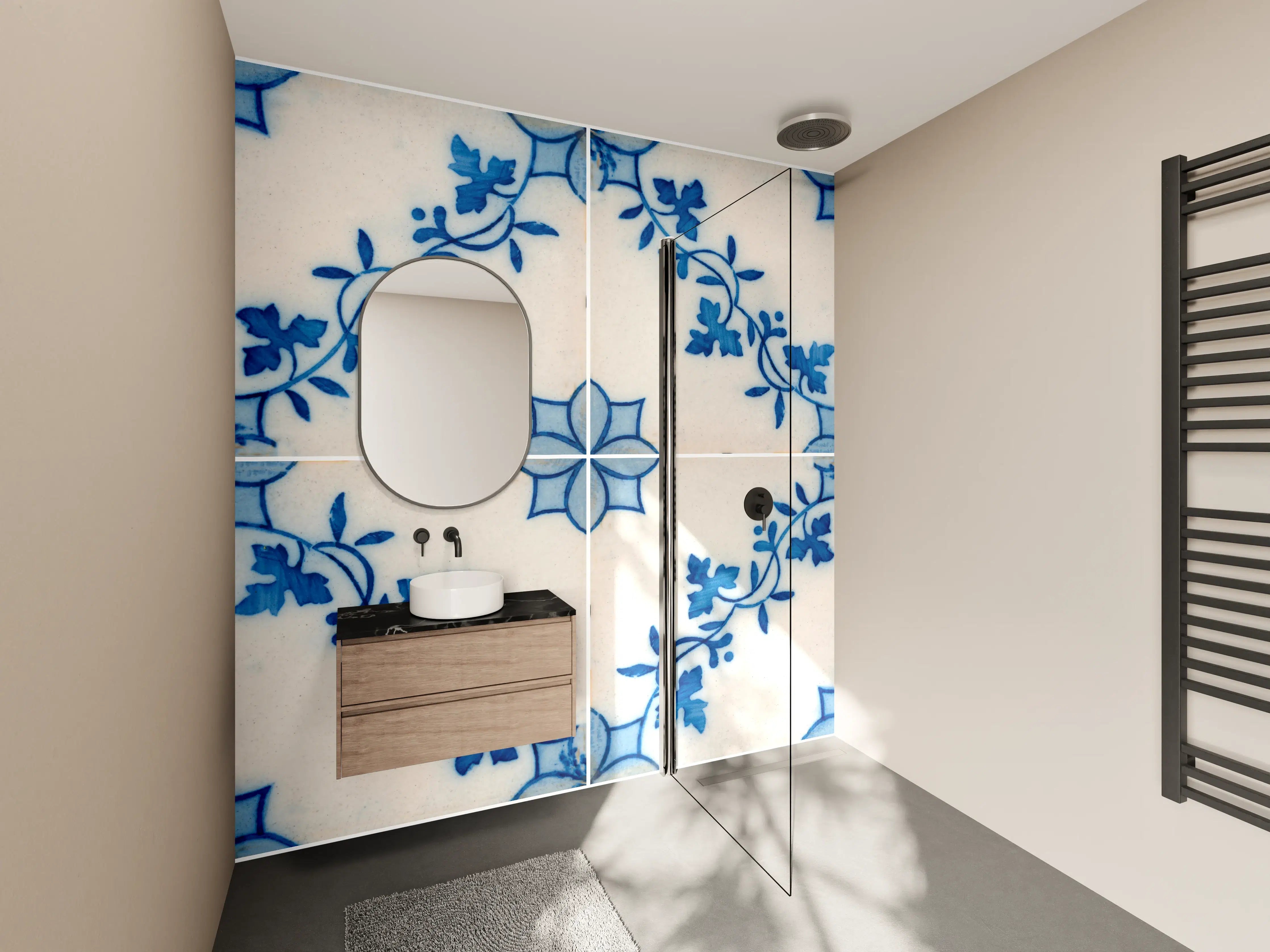 Wandverkleidung Bad - Graue floral dekorierte Fliesen