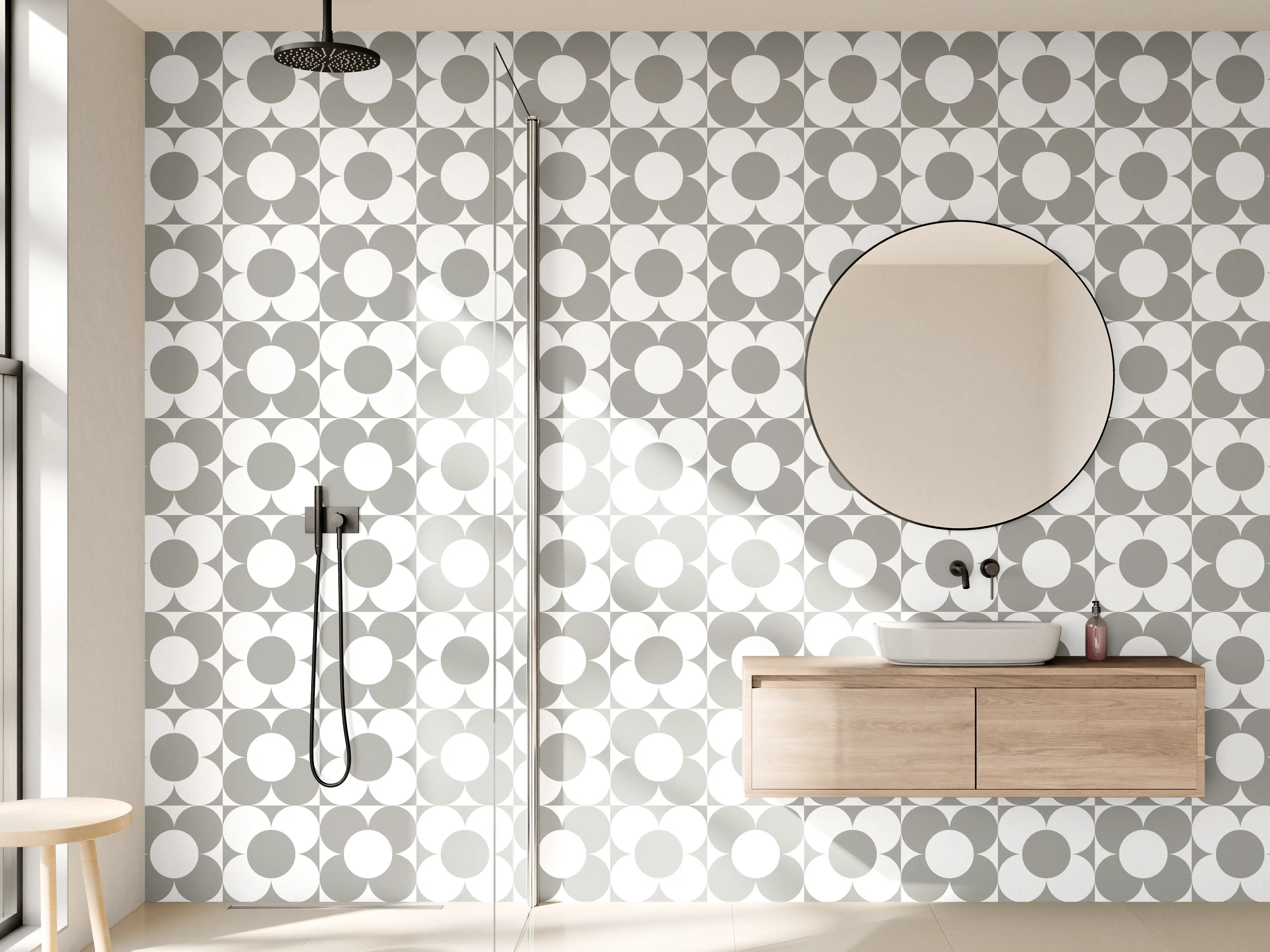 Wandverkleidung Bad - Graue geometrische Muster mit Kreis- und Quadratelementen