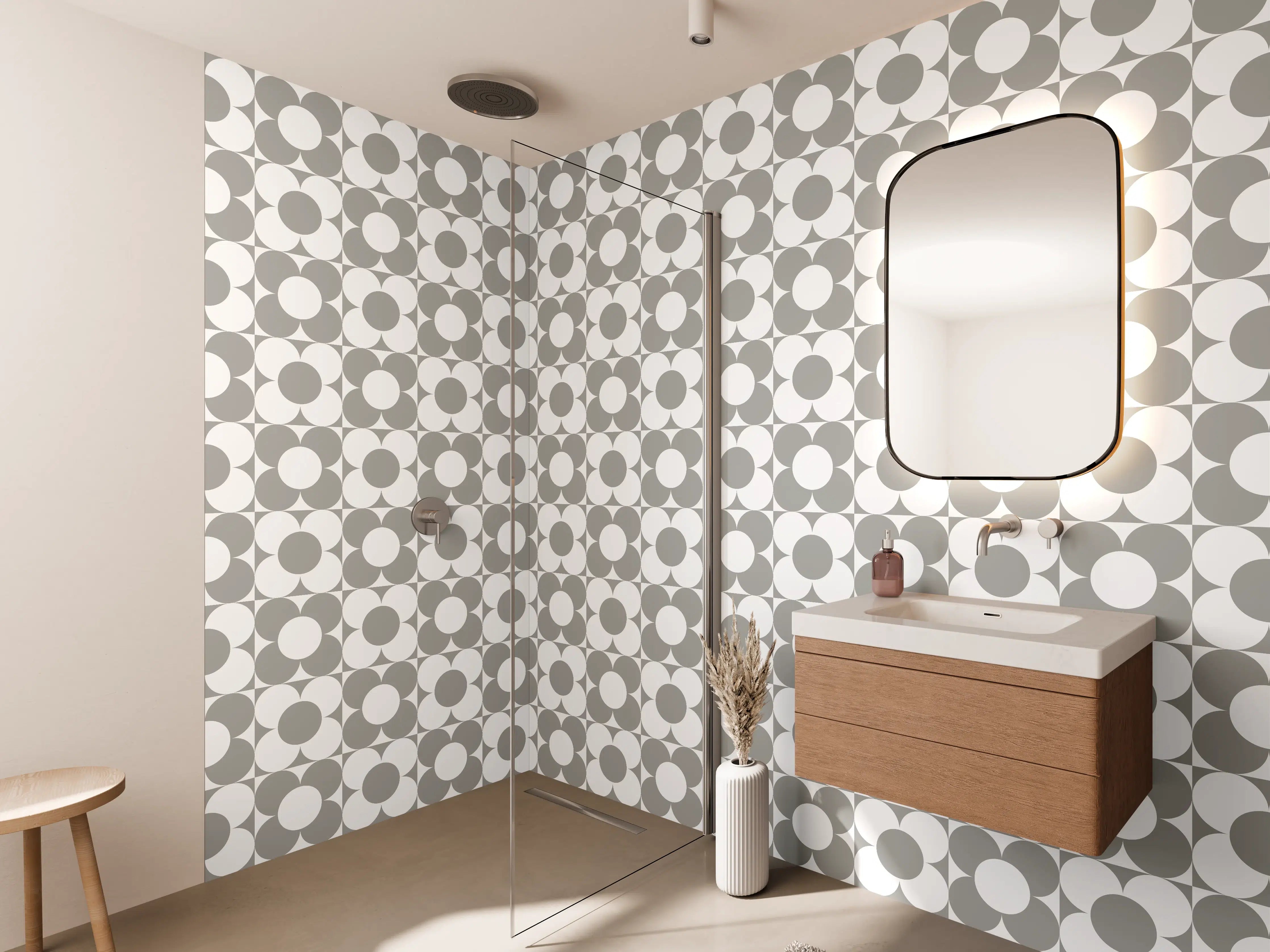 Wandverkleidung Bad - Graue geometrische Muster mit Kreis- und Quadratelementen