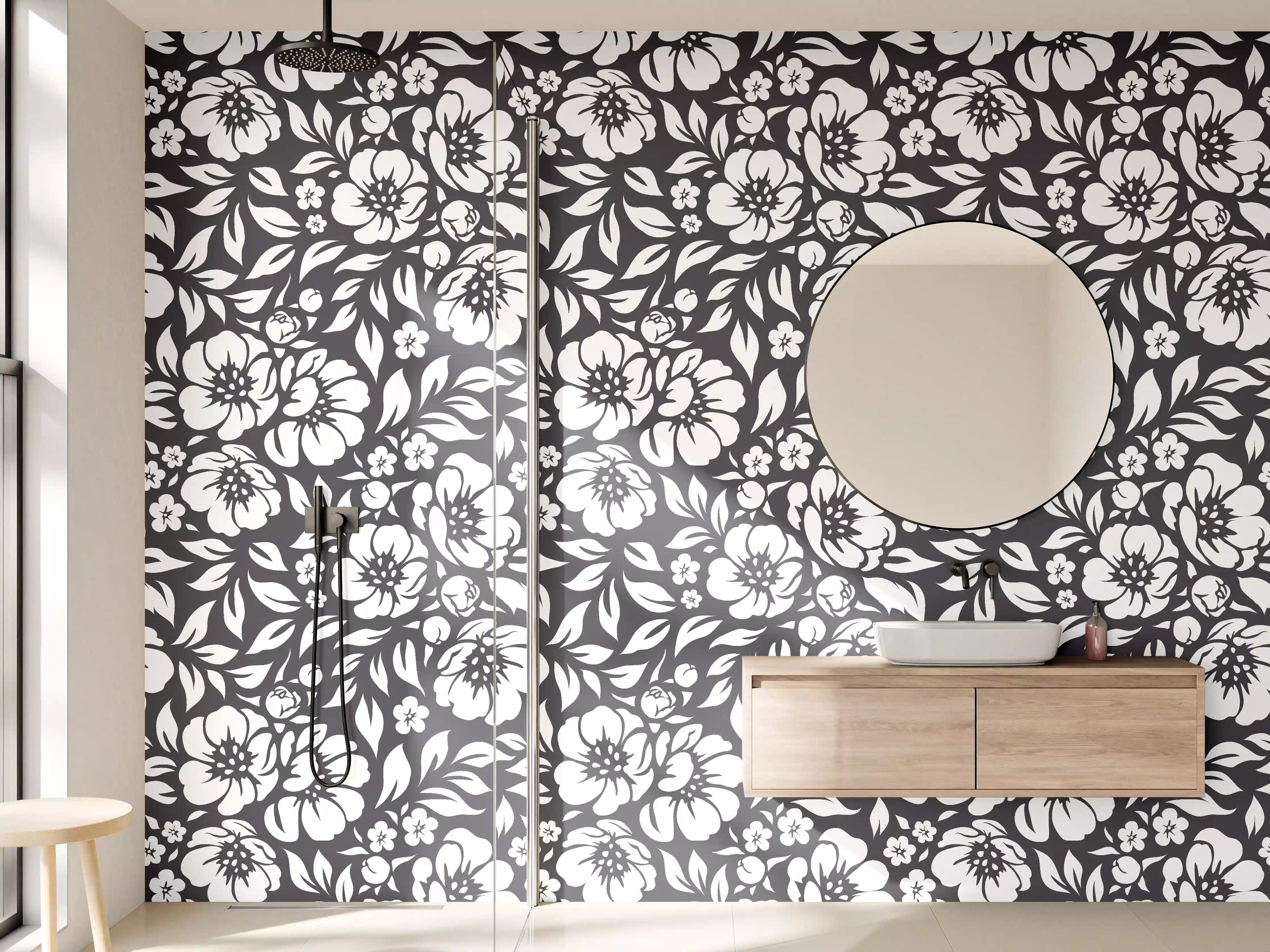 Wandverkleidung Bad - Graue und Schwarze Blumenmuster
