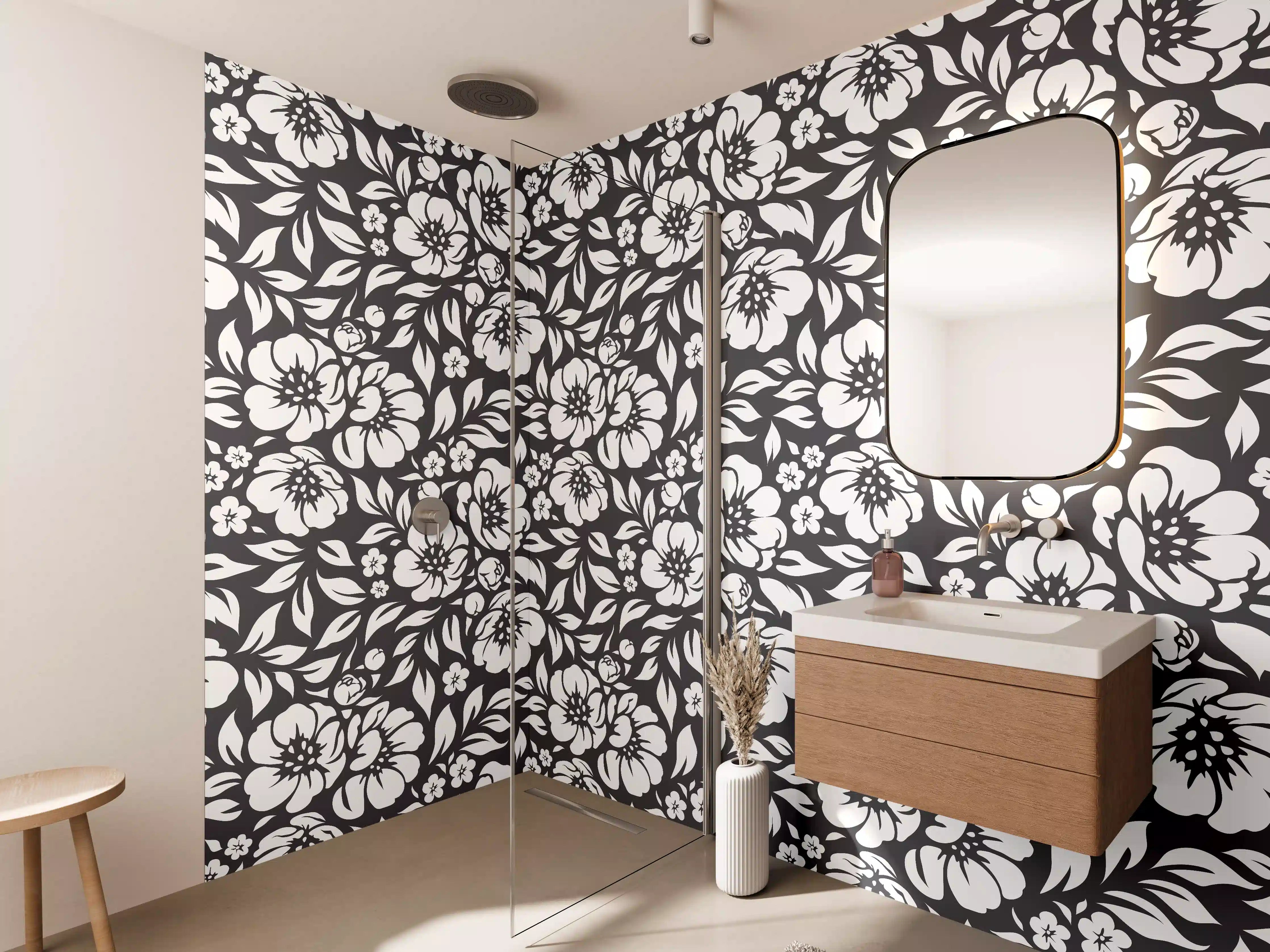 Wandverkleidung Bad - Graue und Schwarze Blumenmuster