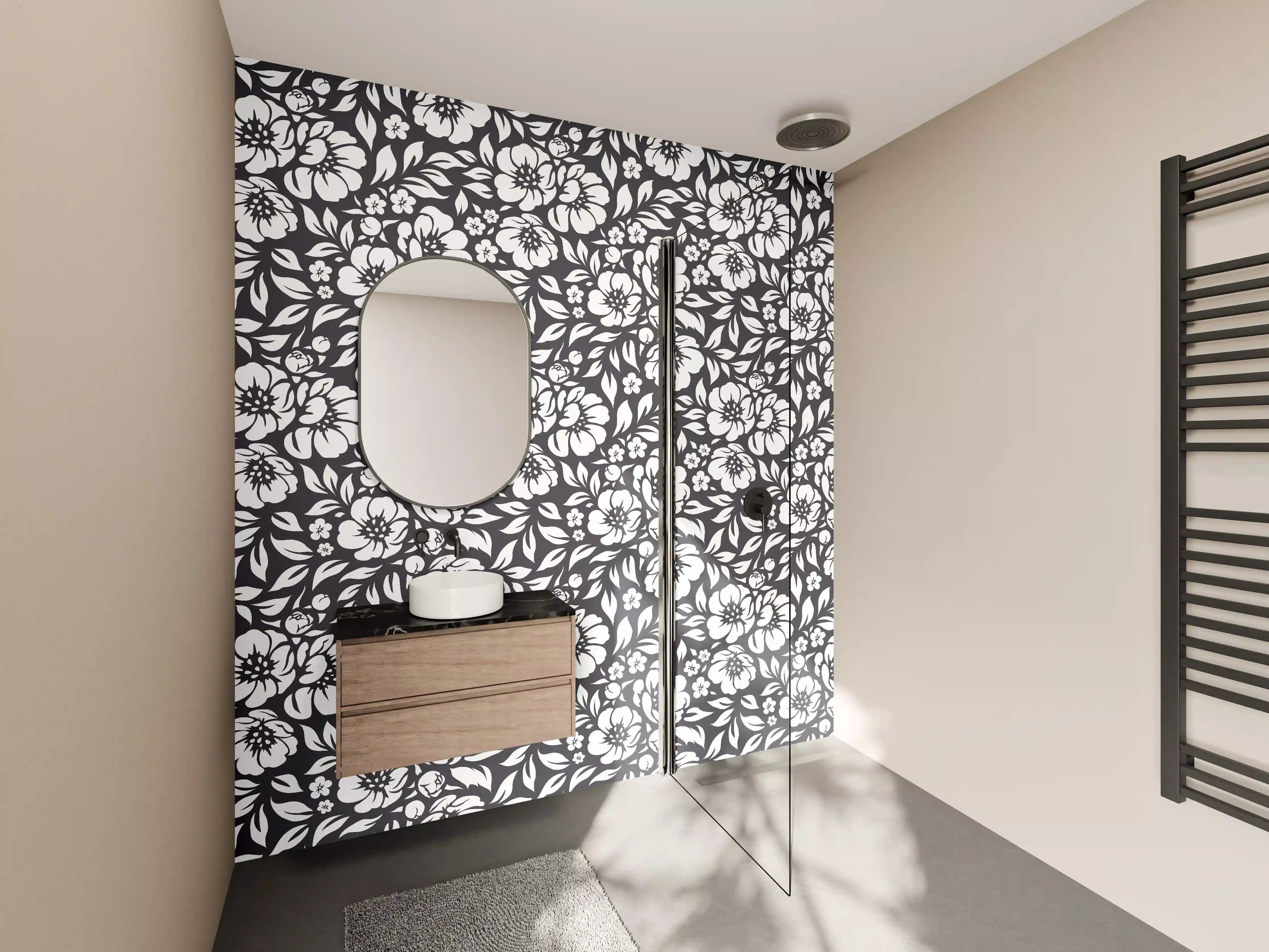 Wandverkleidung Bad - Graue und Schwarze Blumenmuster