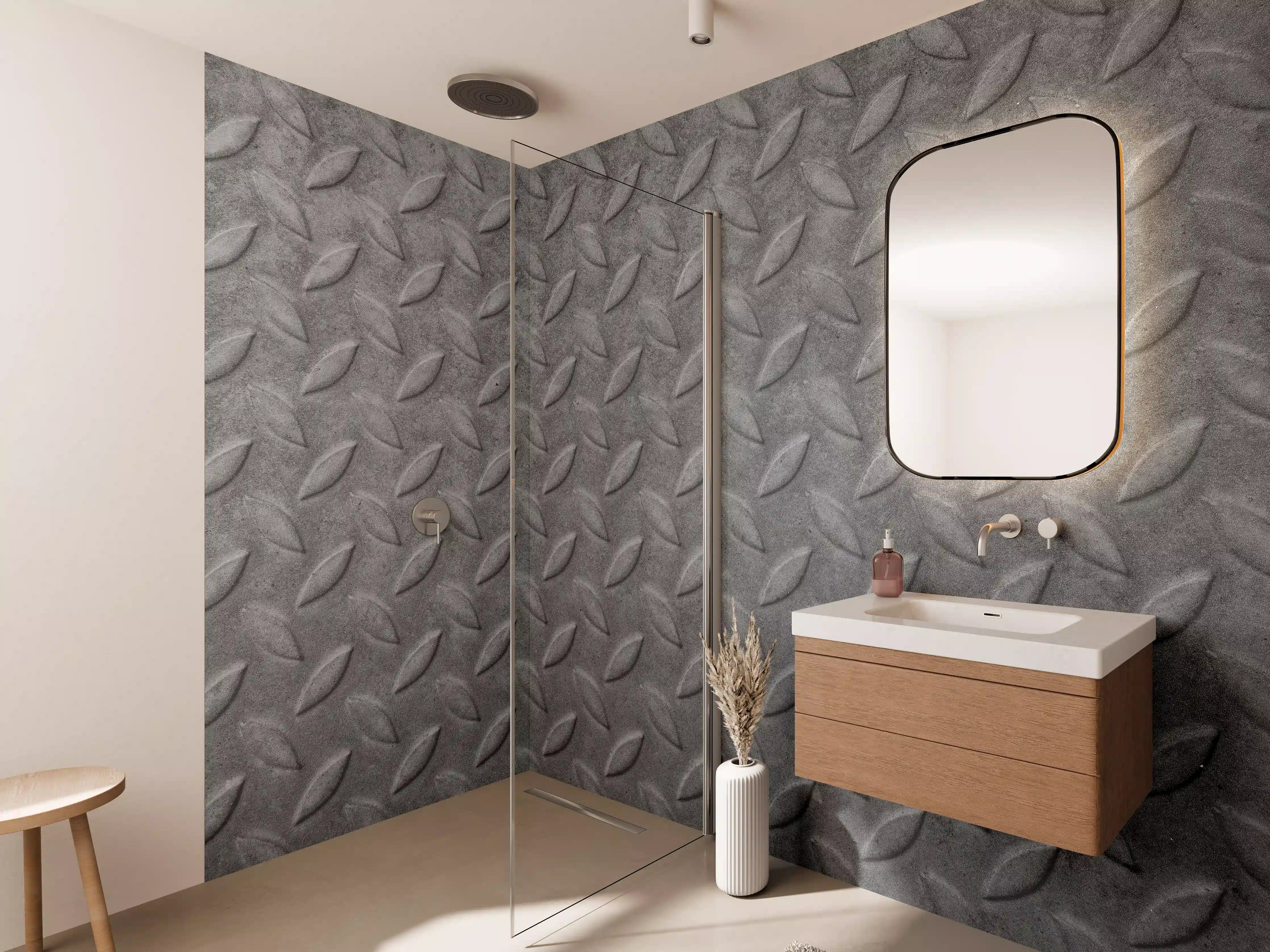 Wandverkleidung Bad - Graue, strukturierte Metallplatte