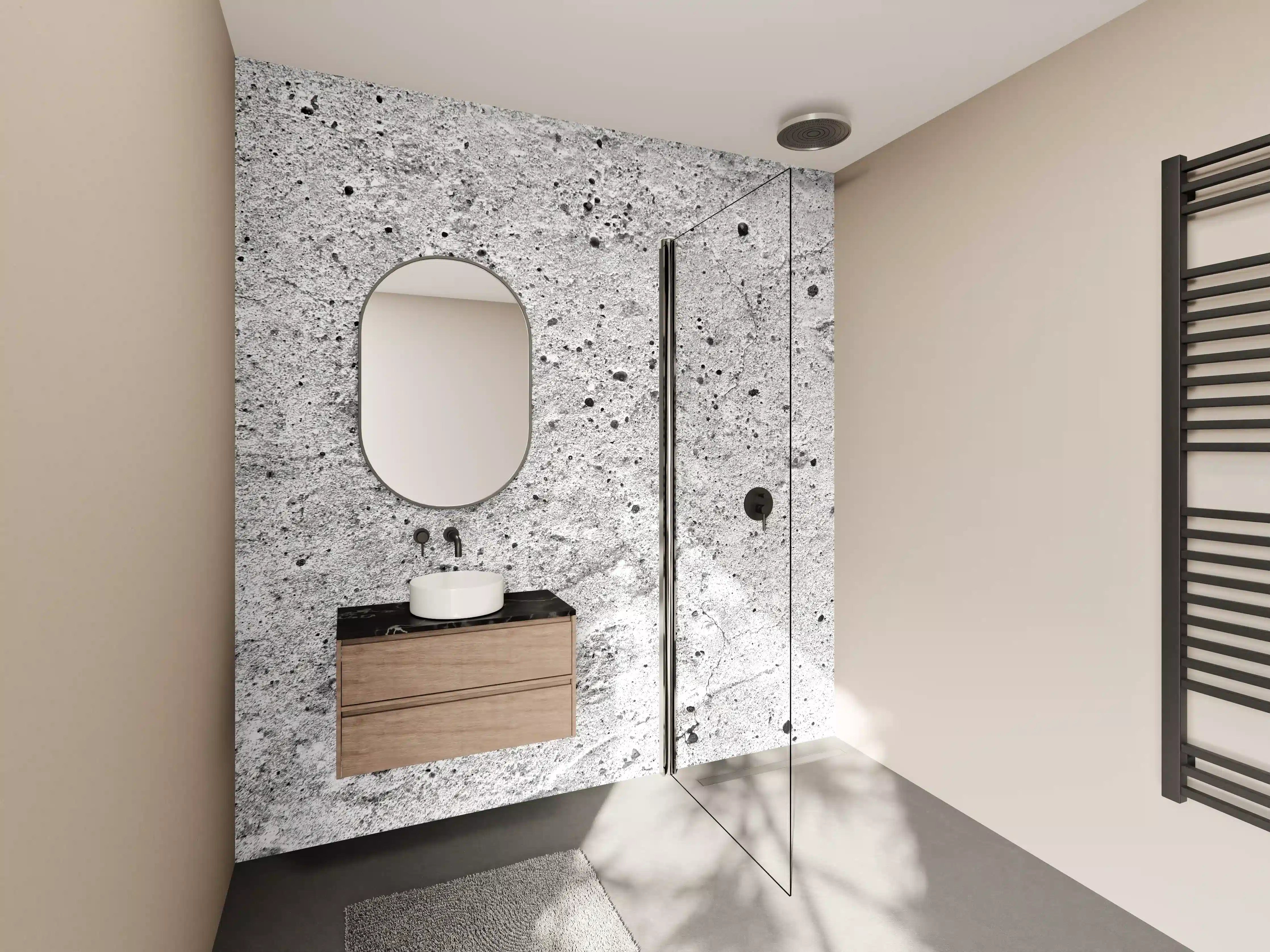 Wandverkleidung Bad - Grauer Beton mit Weißnuancen