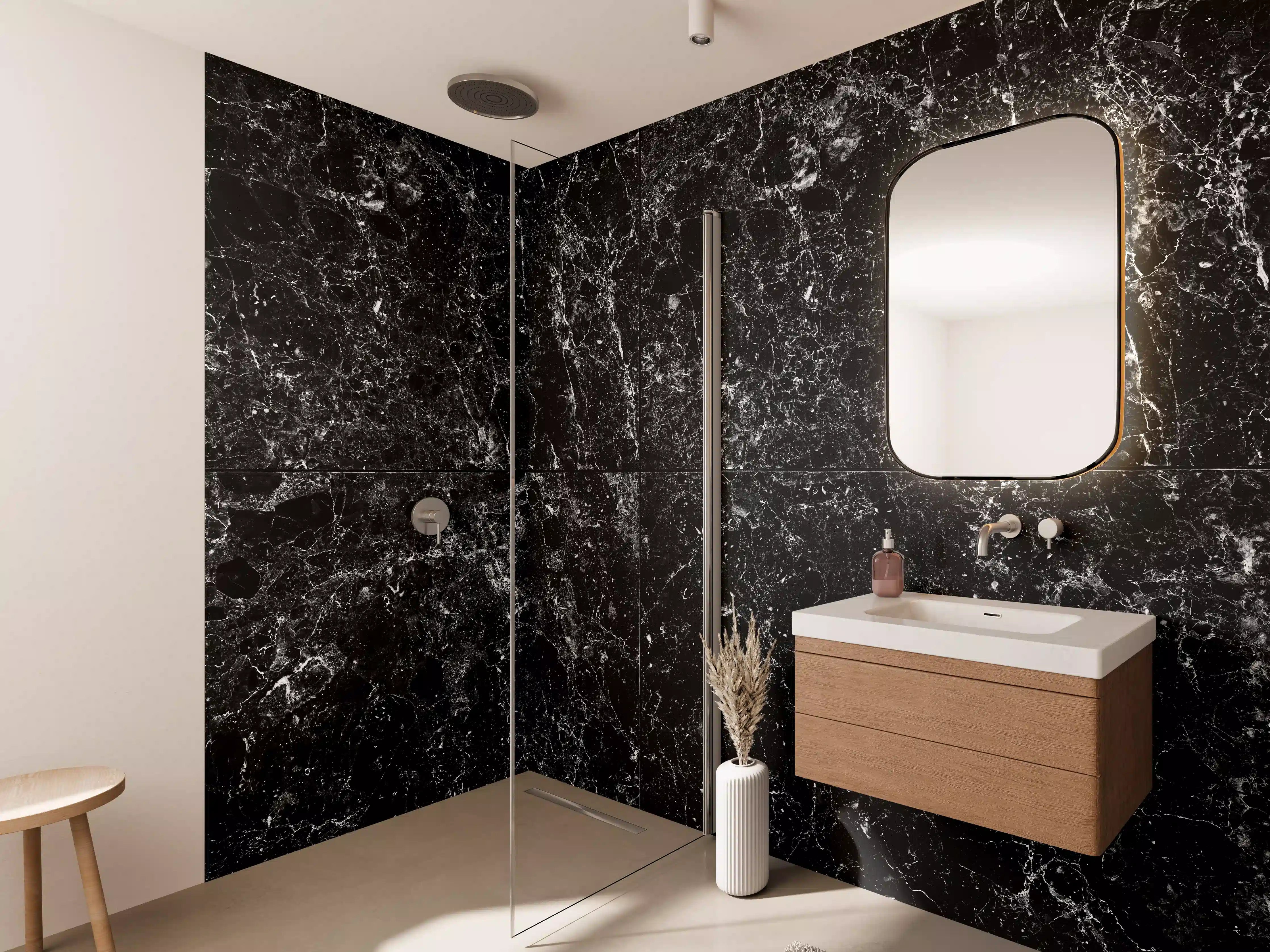 Wandverkleidung Bad - Grauer Marmor & weiße Adern