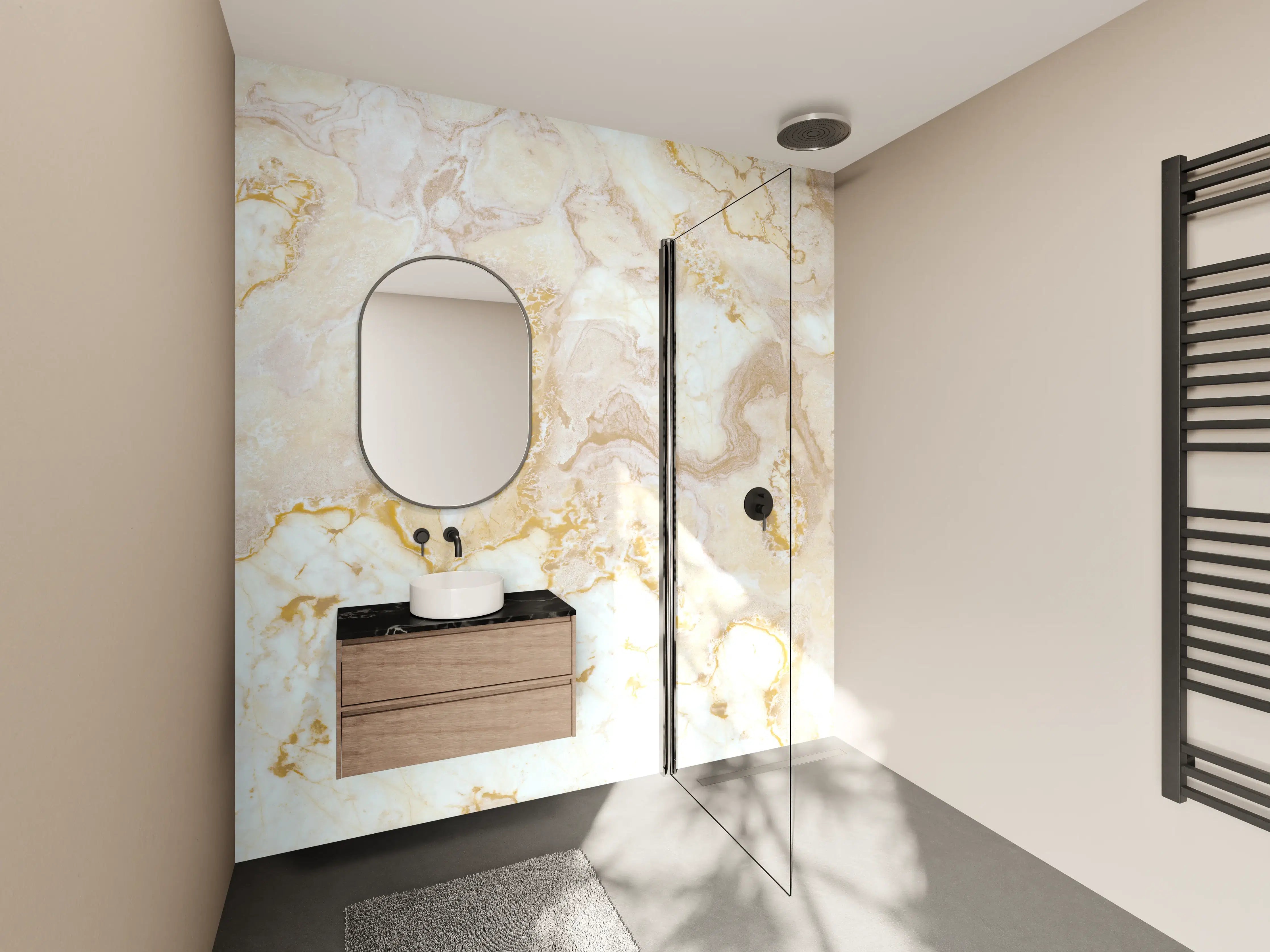 Wandverkleidung Bad - Grauer Marmor mit Gold Akzenten