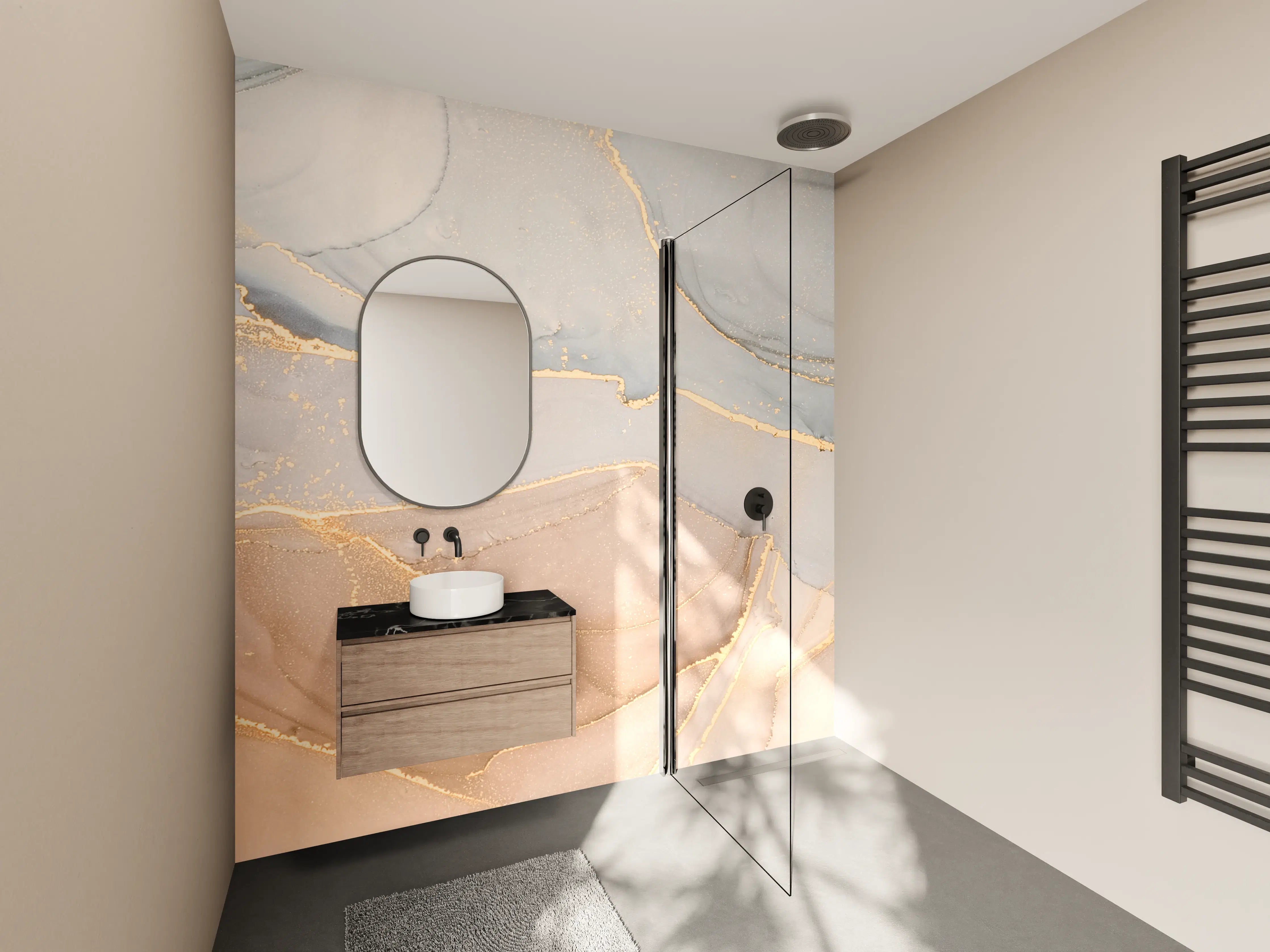 Wandverkleidung Bad - Grauer Marmor mit goldener Eleganz