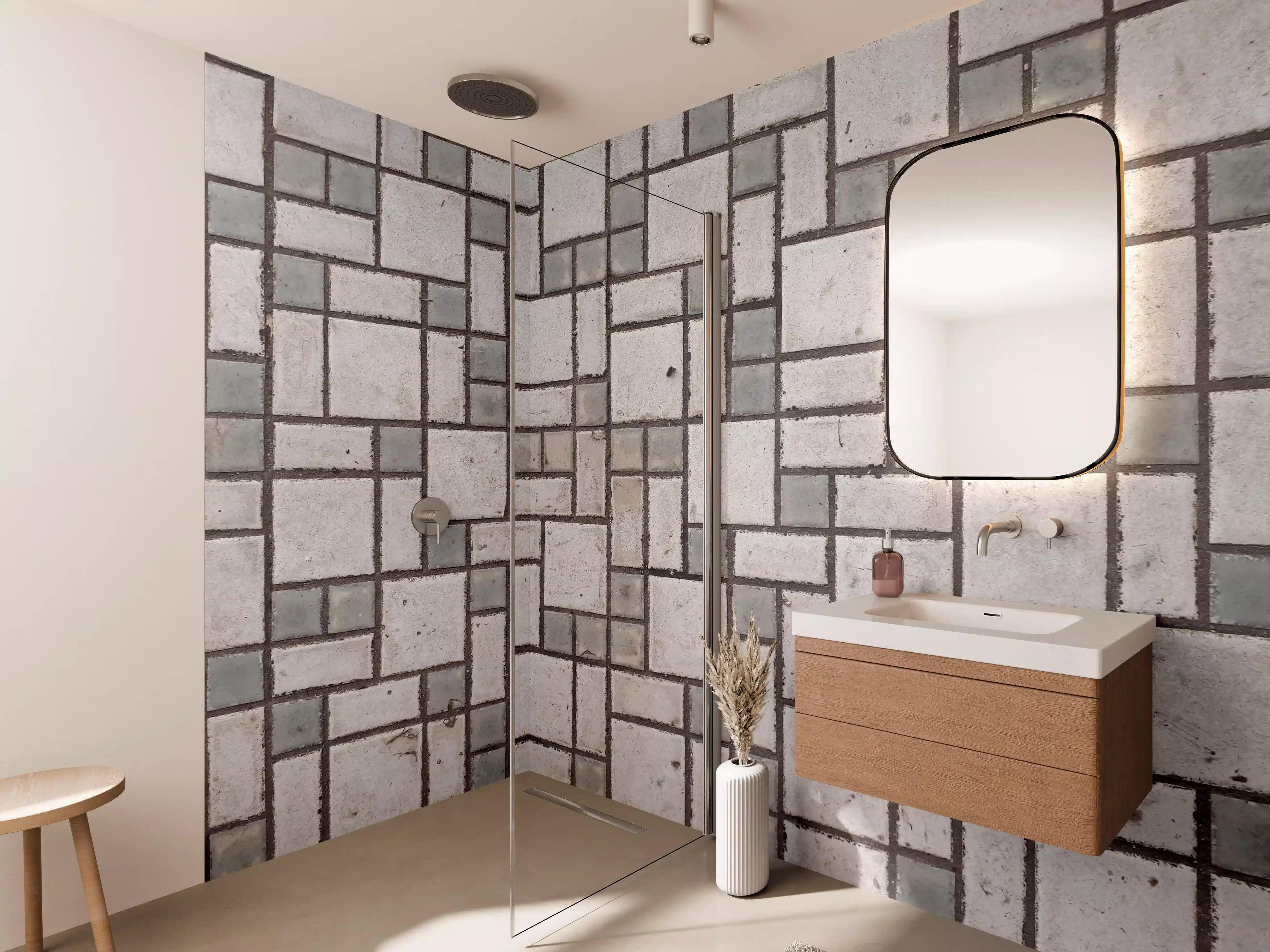 Wandverkleidung Bad - Grauer Pflastersteinboden im Mosaik-Design