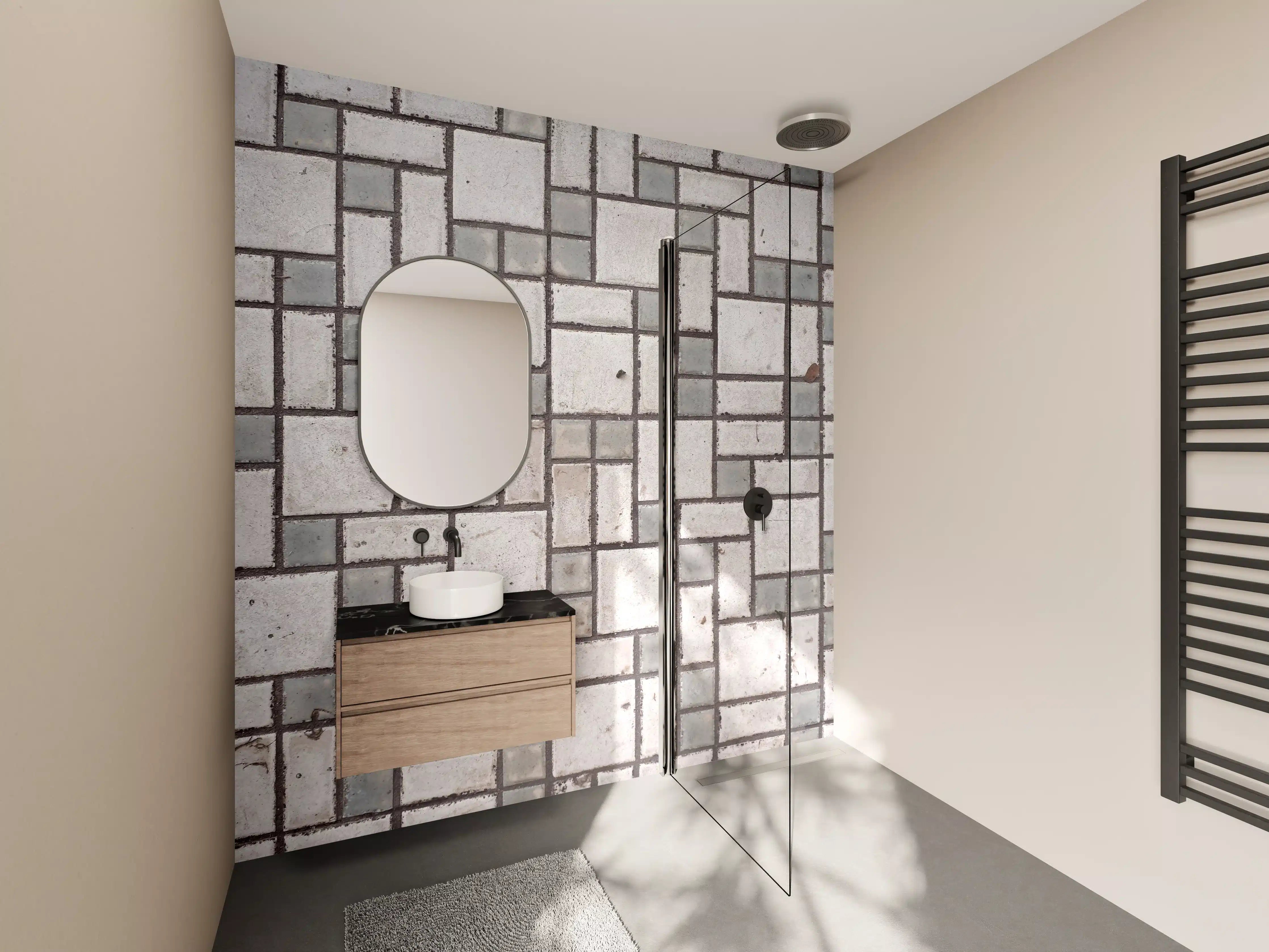 Wandverkleidung Bad - Grauer Pflastersteinboden im Mosaik-Design