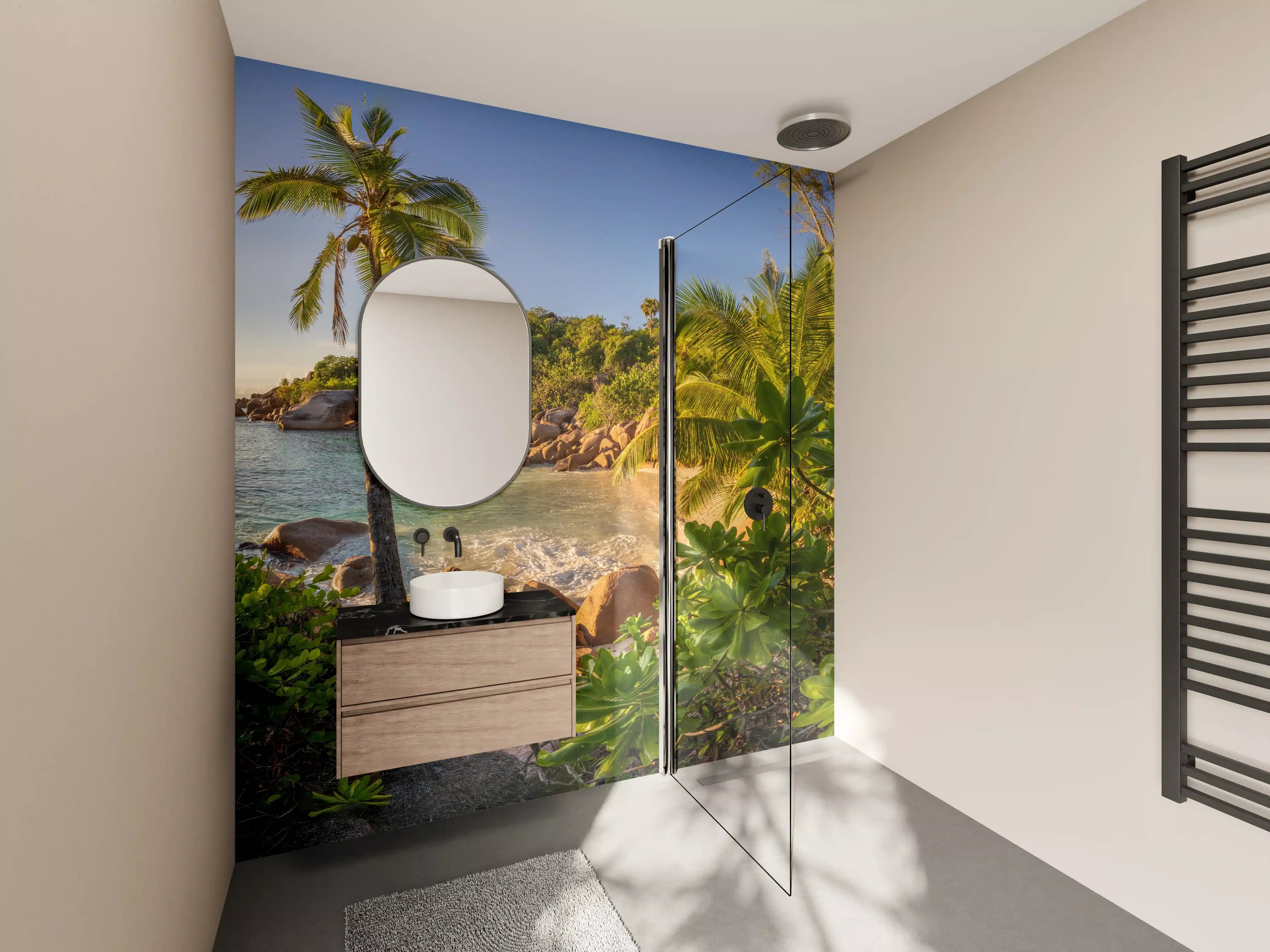 Wandverkleidung Bad - Grauer Sandstrand mit Palmen