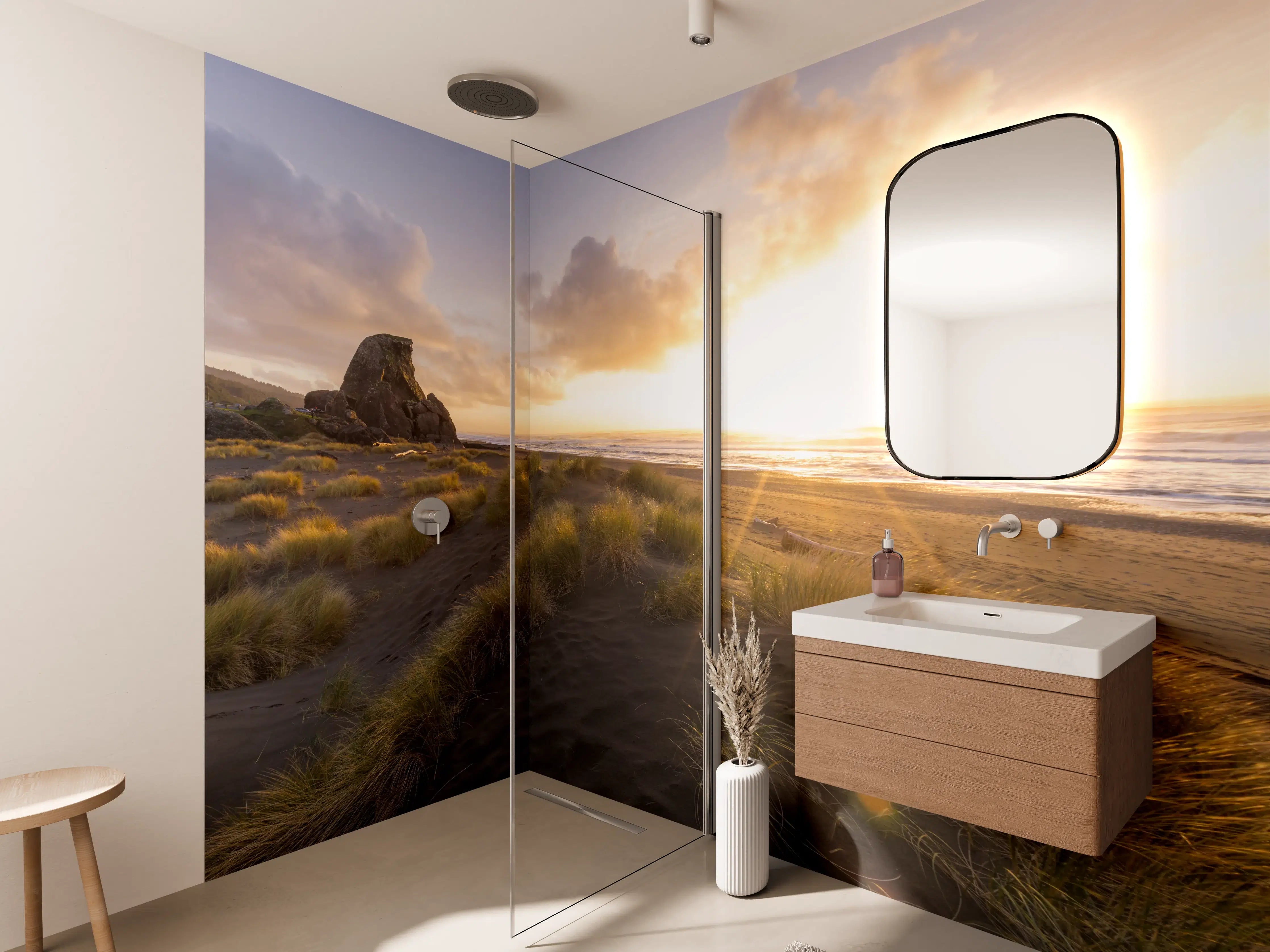 Wandverkleidung Bad - Grauer Sonnenuntergang am Dünenstrand