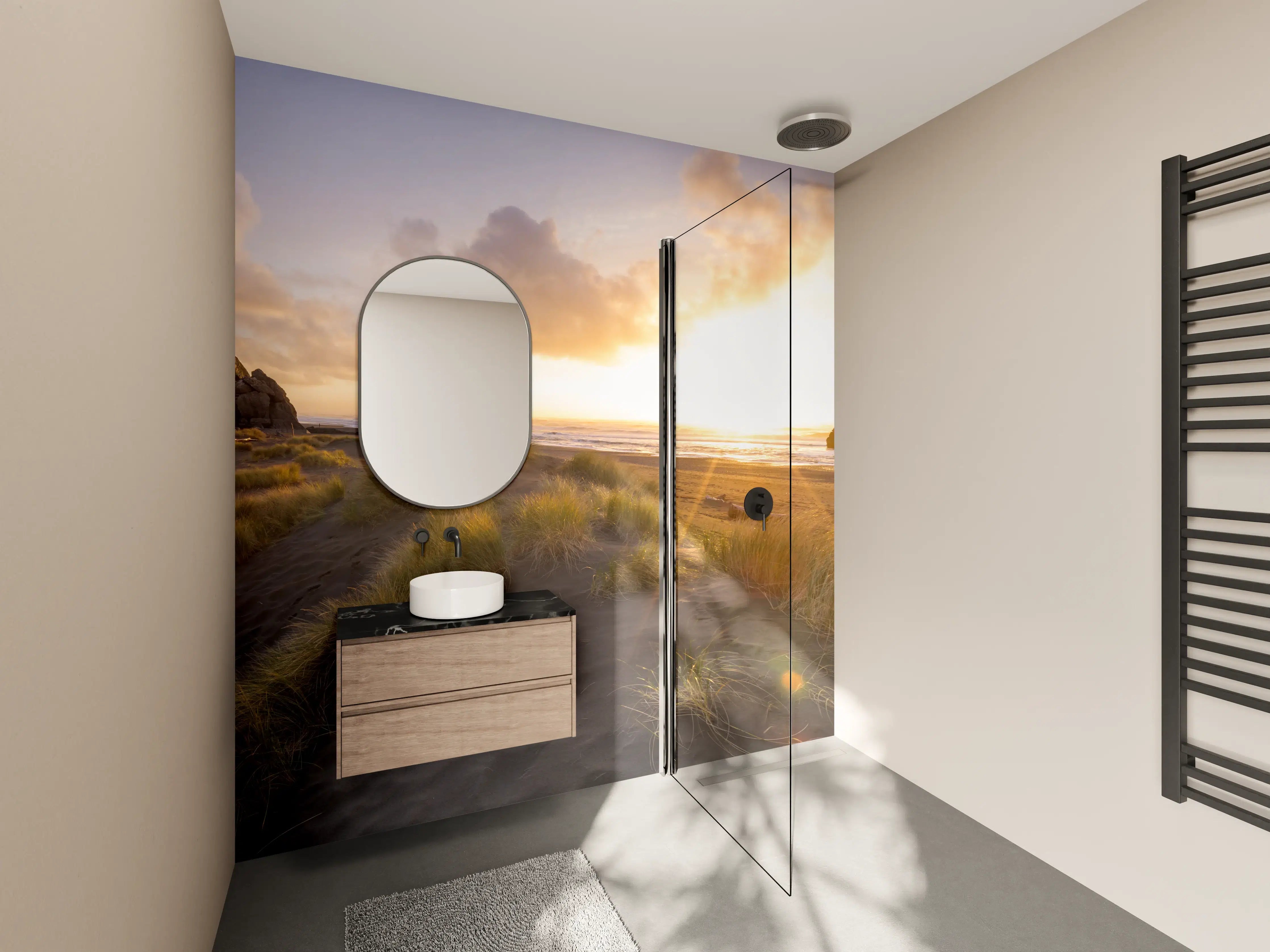 Wandverkleidung Bad - Grauer Sonnenuntergang am Dünenstrand