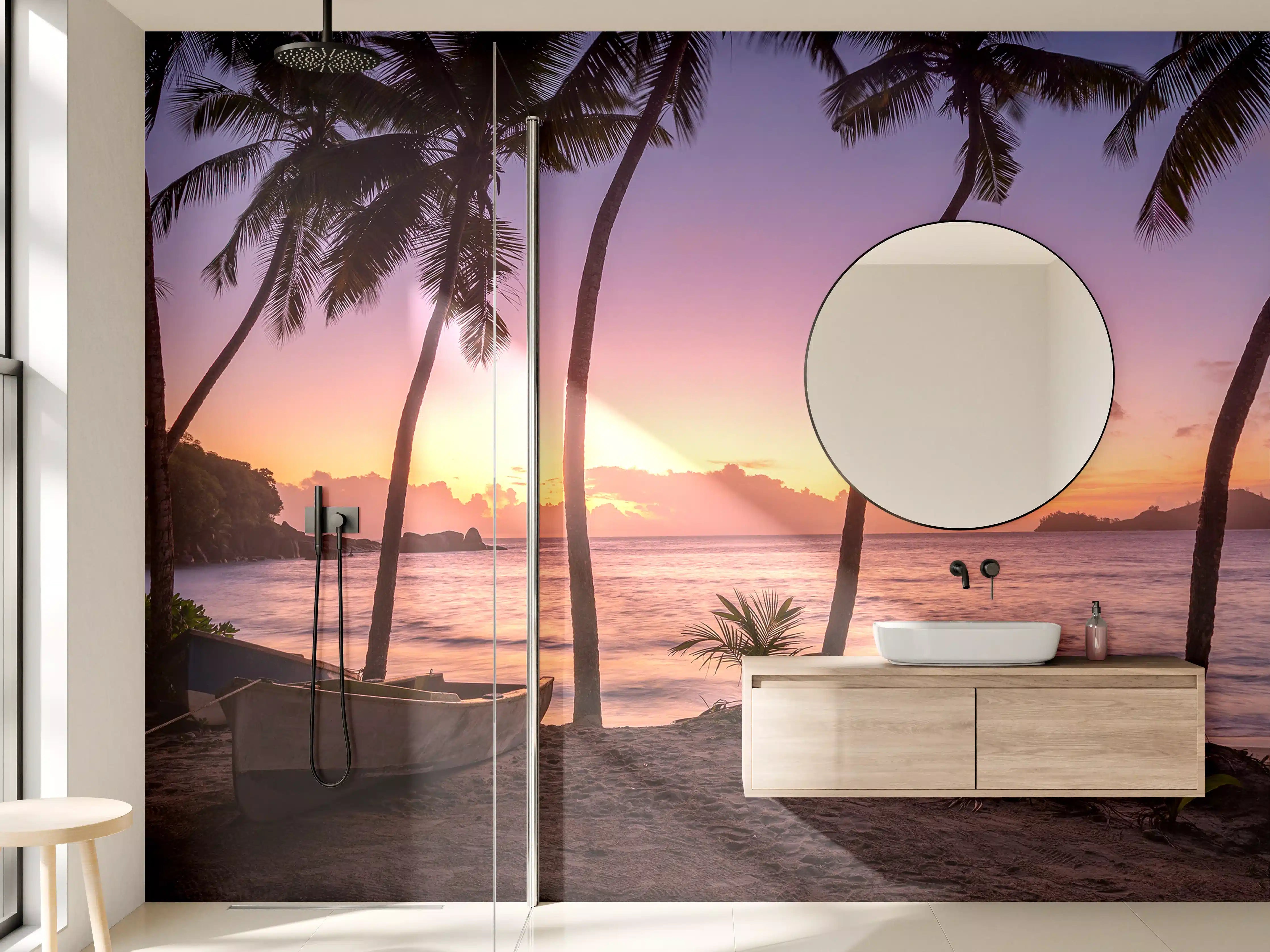 Wandverkleidung Bad - Grauer Sonnenuntergang mit Palmen