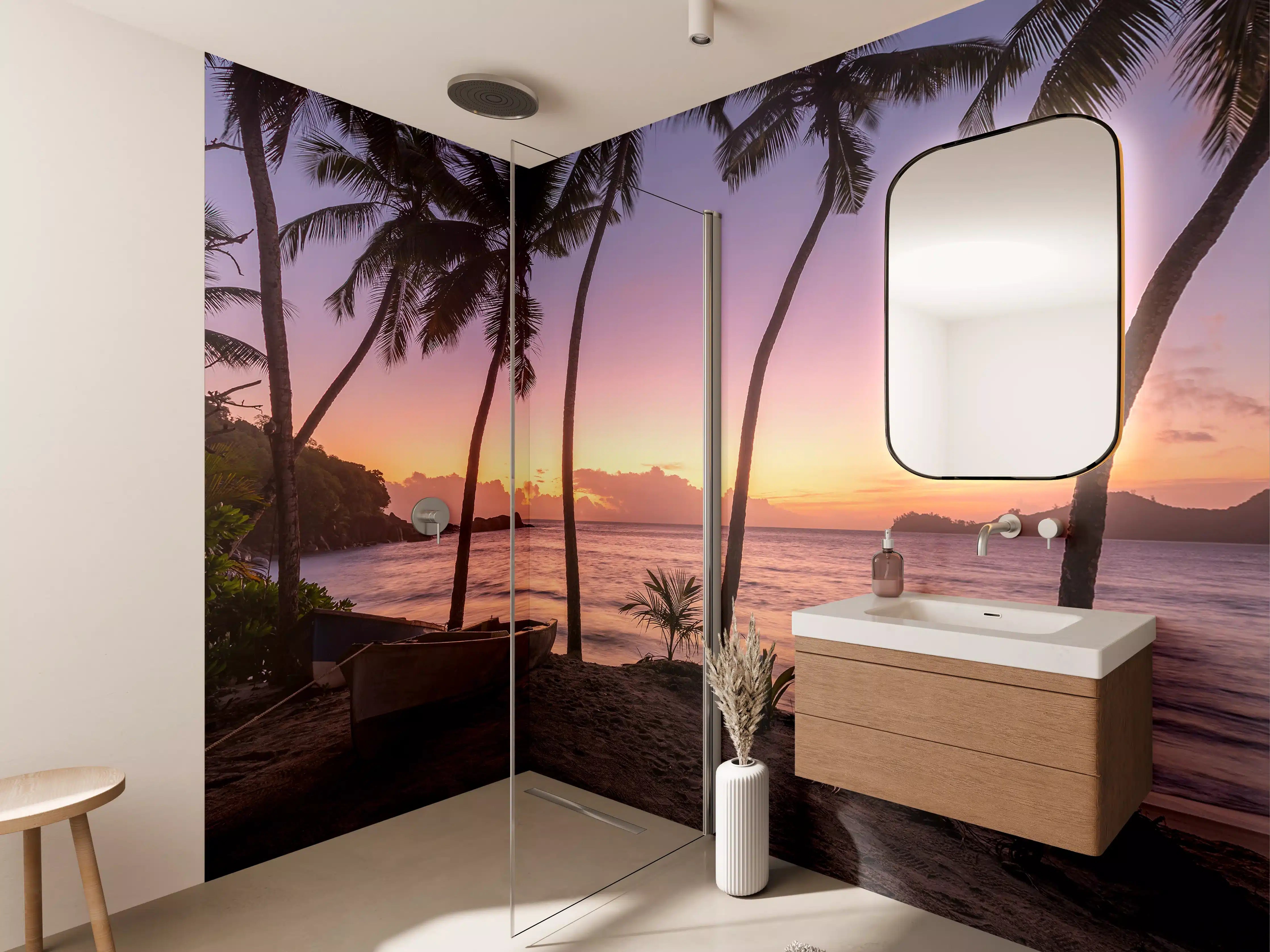 Wandverkleidung Bad - Grauer Sonnenuntergang mit Palmen