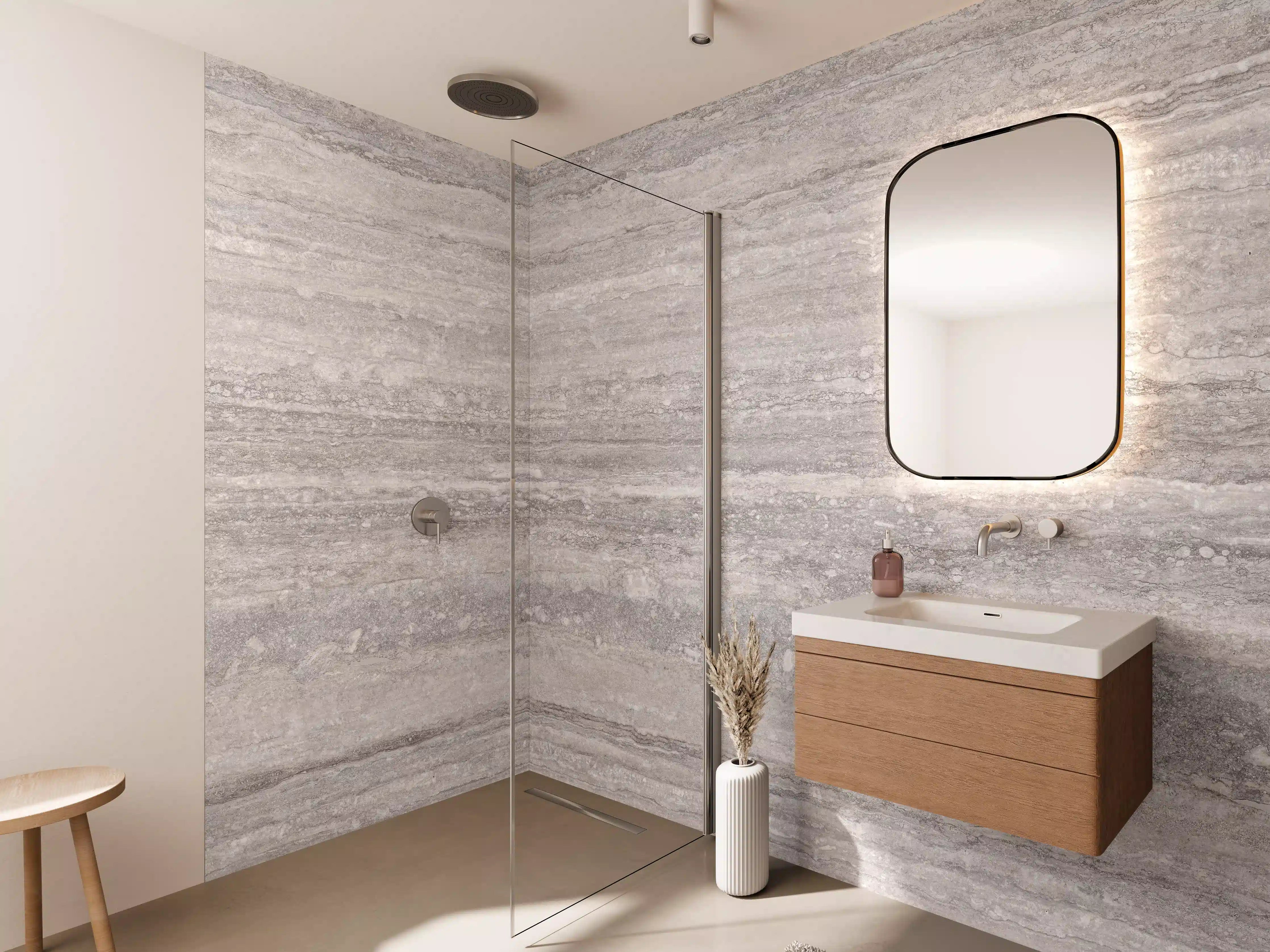 Wandverkleidung Bad - Grauer Travertin Stein