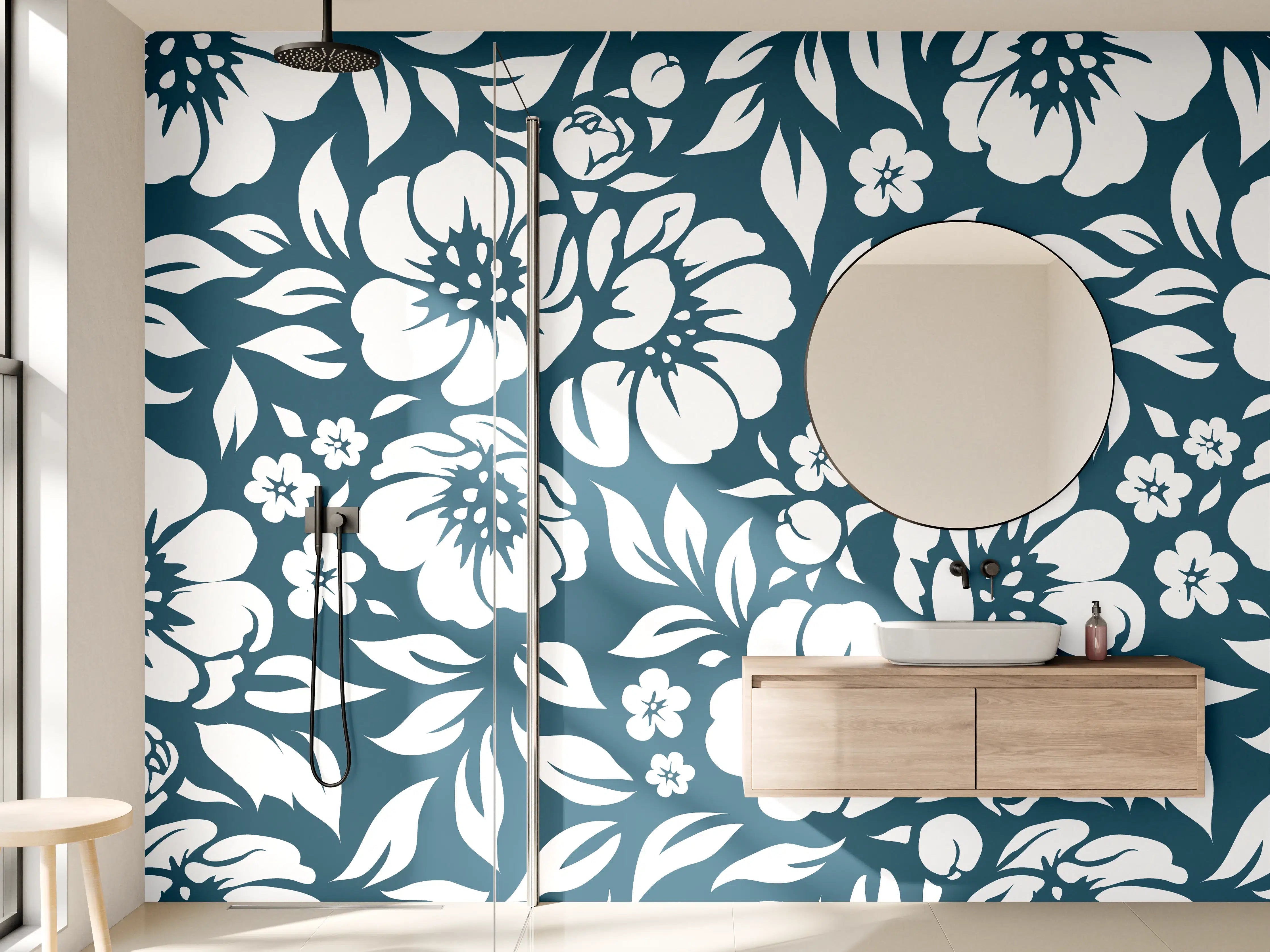 Wandverkleidung Bad - Graues Blumenmuster in Blau und Weiß