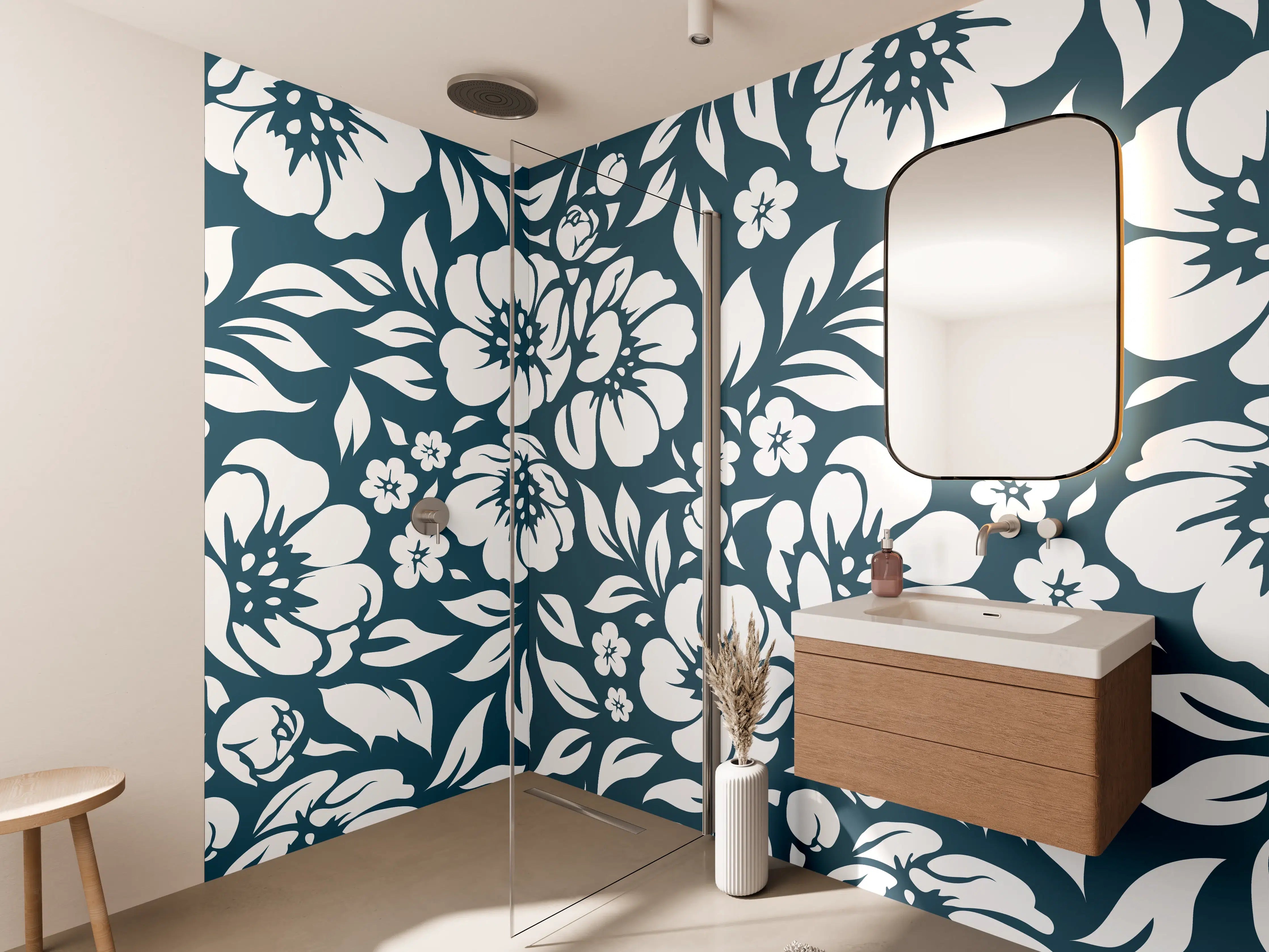 Wandverkleidung Bad - Graues Blumenmuster in Blau und Weiß