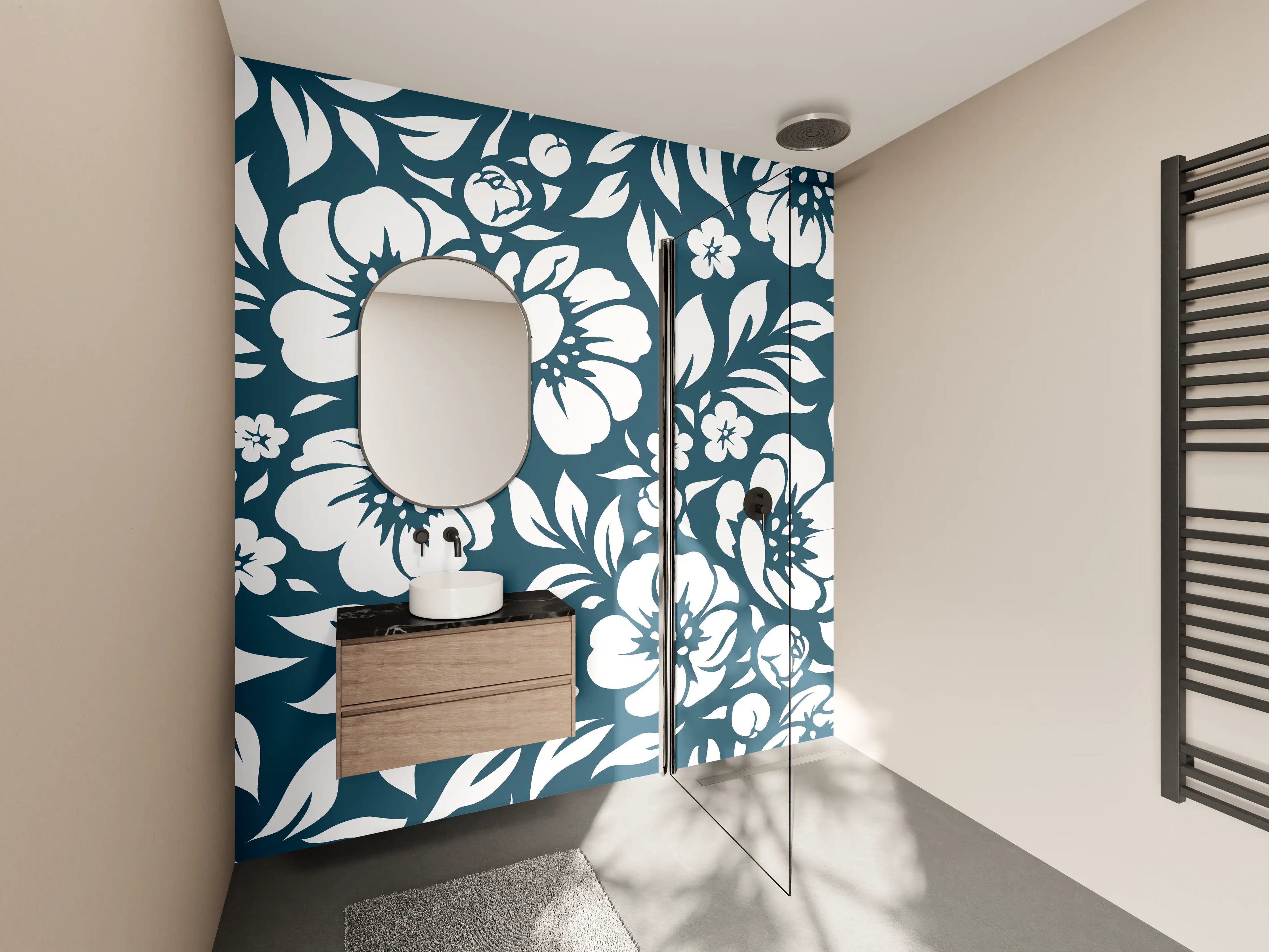 Wandverkleidung Bad - Graues Blumenmuster in Blau und Weiß