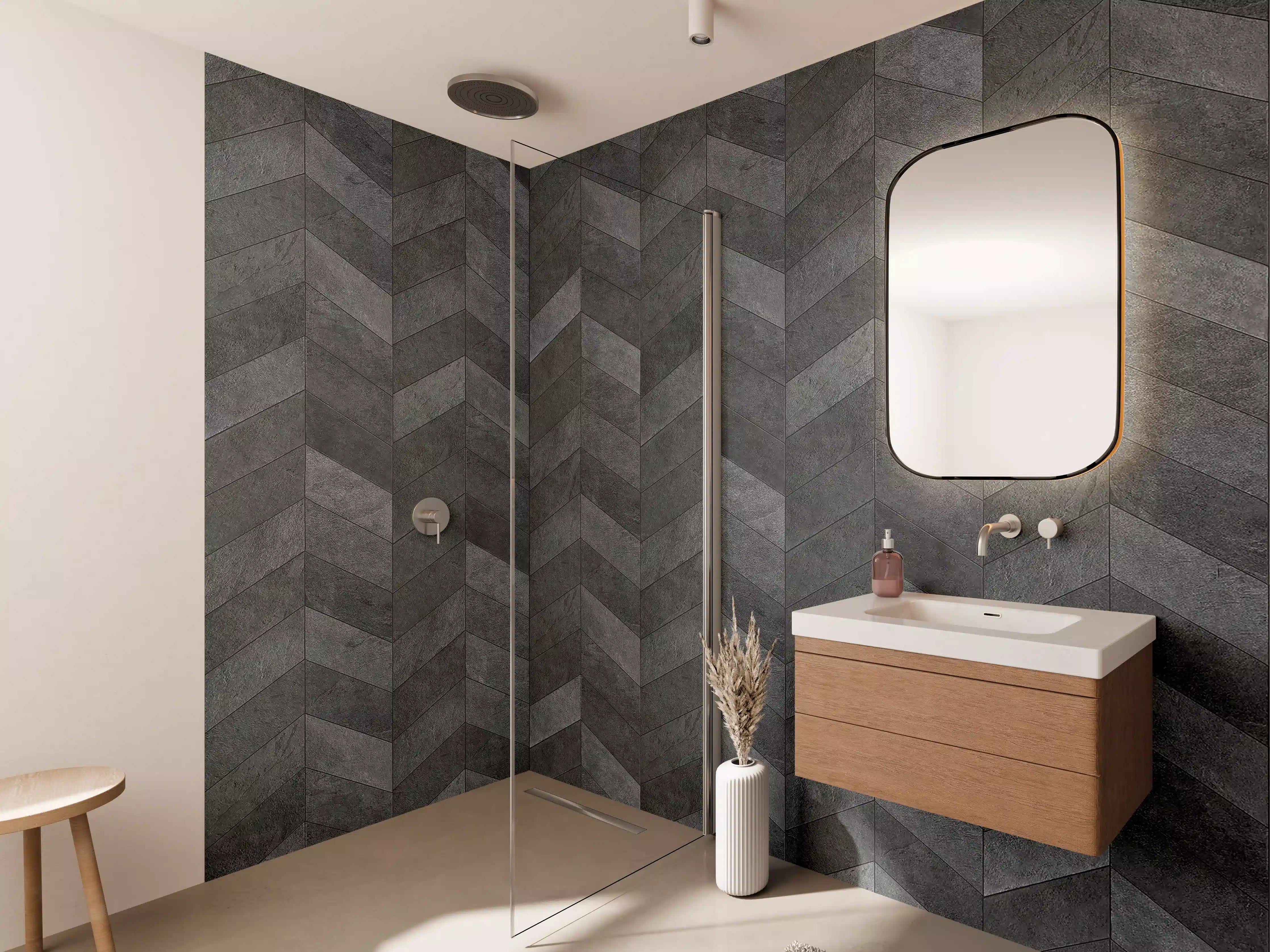 Wandverkleidung Bad - Graues Chevron-Muster