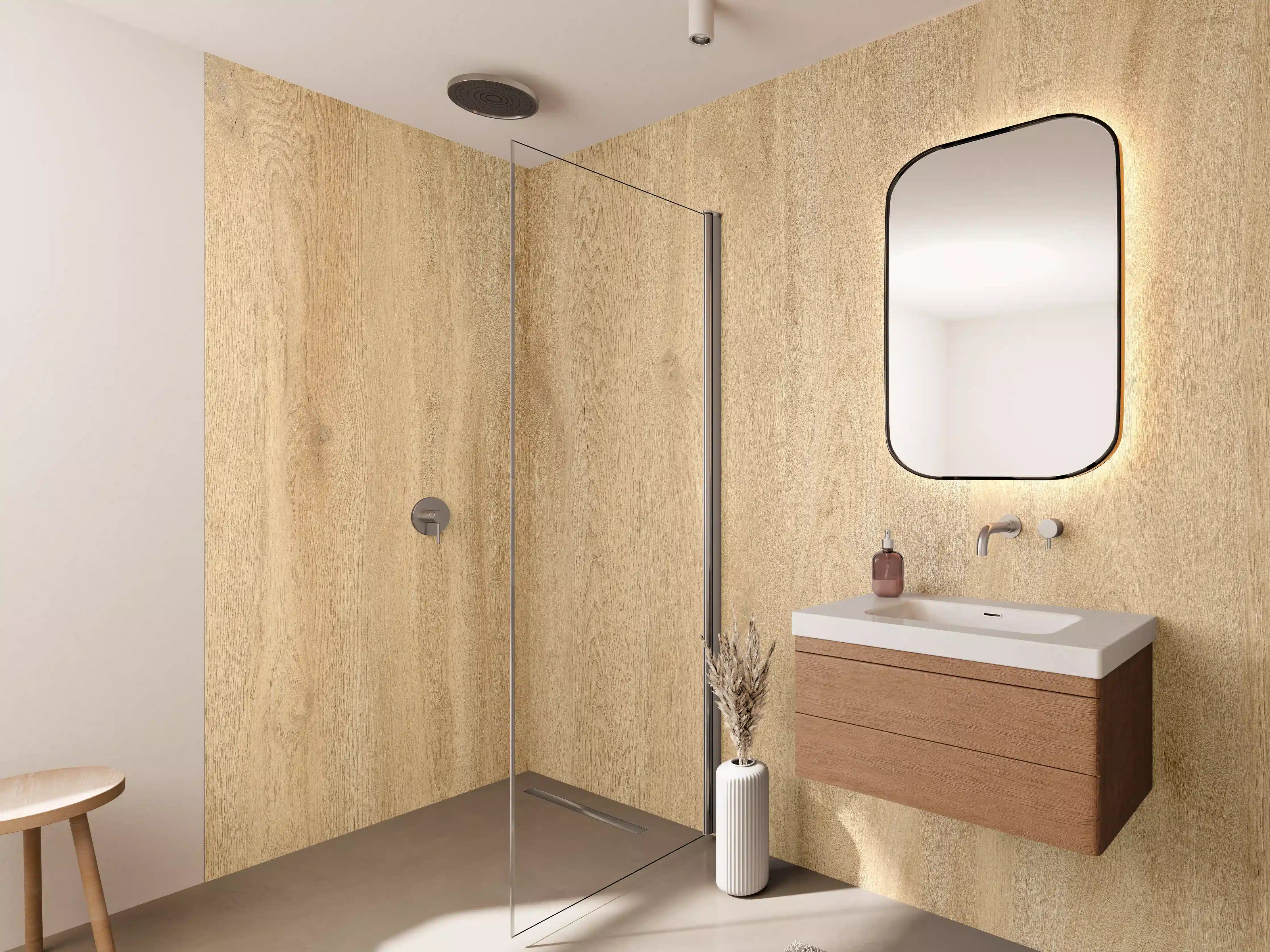 Wandverkleidung Bad - Graues Holzdesign mit weißer Maserung