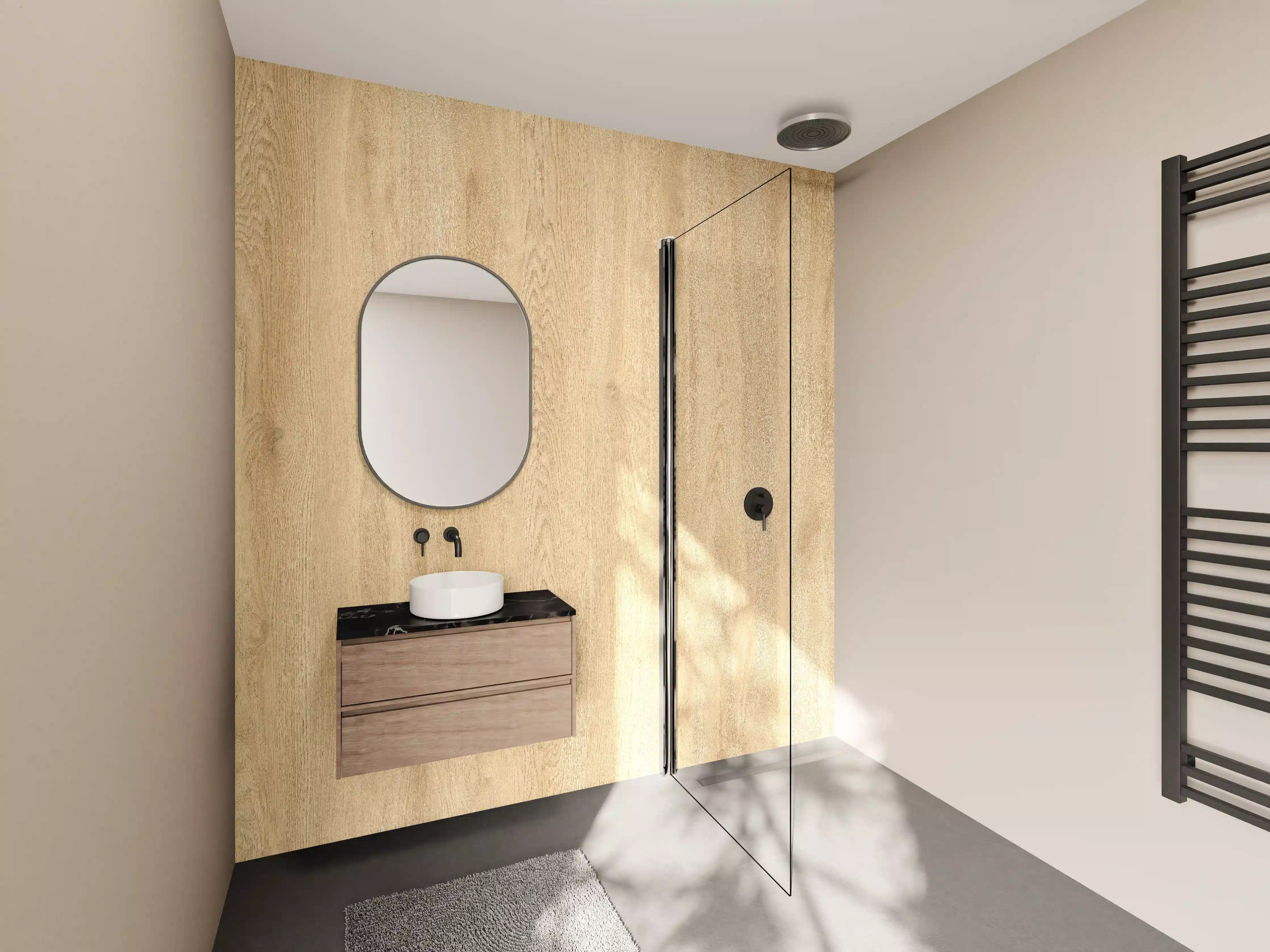 Wandverkleidung Bad - Graues Holzdesign mit weißer Maserung